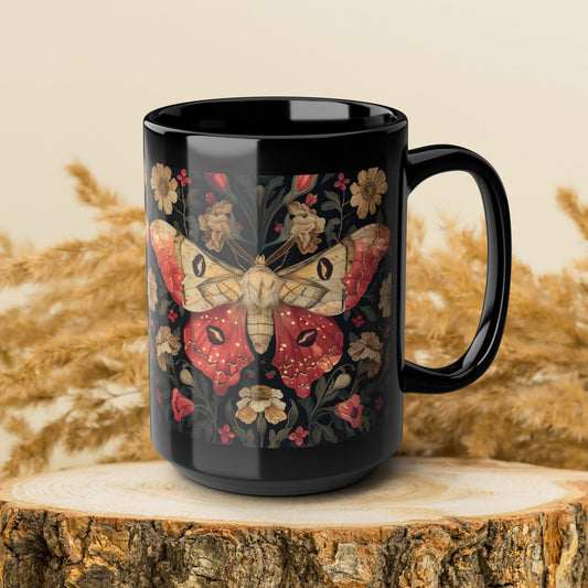William Morris Inspired Botanical Rosy Maple Moth Black Mug 11oz, 15 oz