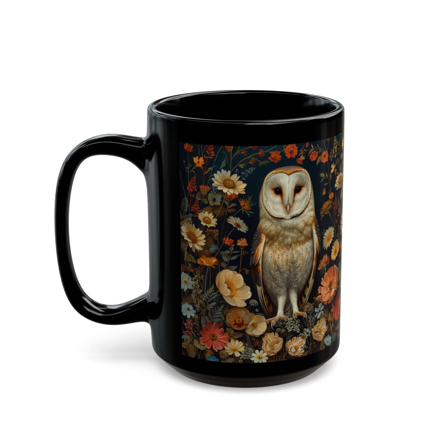 William Morris Inspired Barn Owl Wildflowers Black Coffee Mug 11oz | Mystical Owl For Her Him Ceramic Mug Black Mug