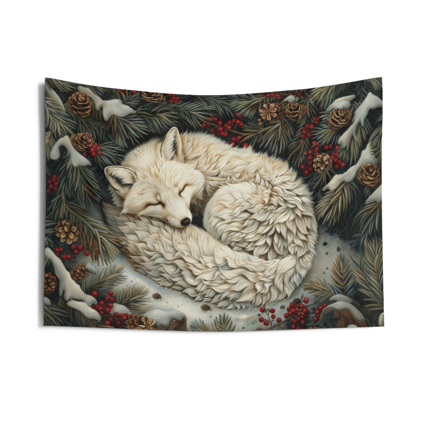 Tapestry of Art Deco Winter Arctic Fox, William Morris Inspired Decorative Indoor Wall Tapestries, Cozy Home Decor