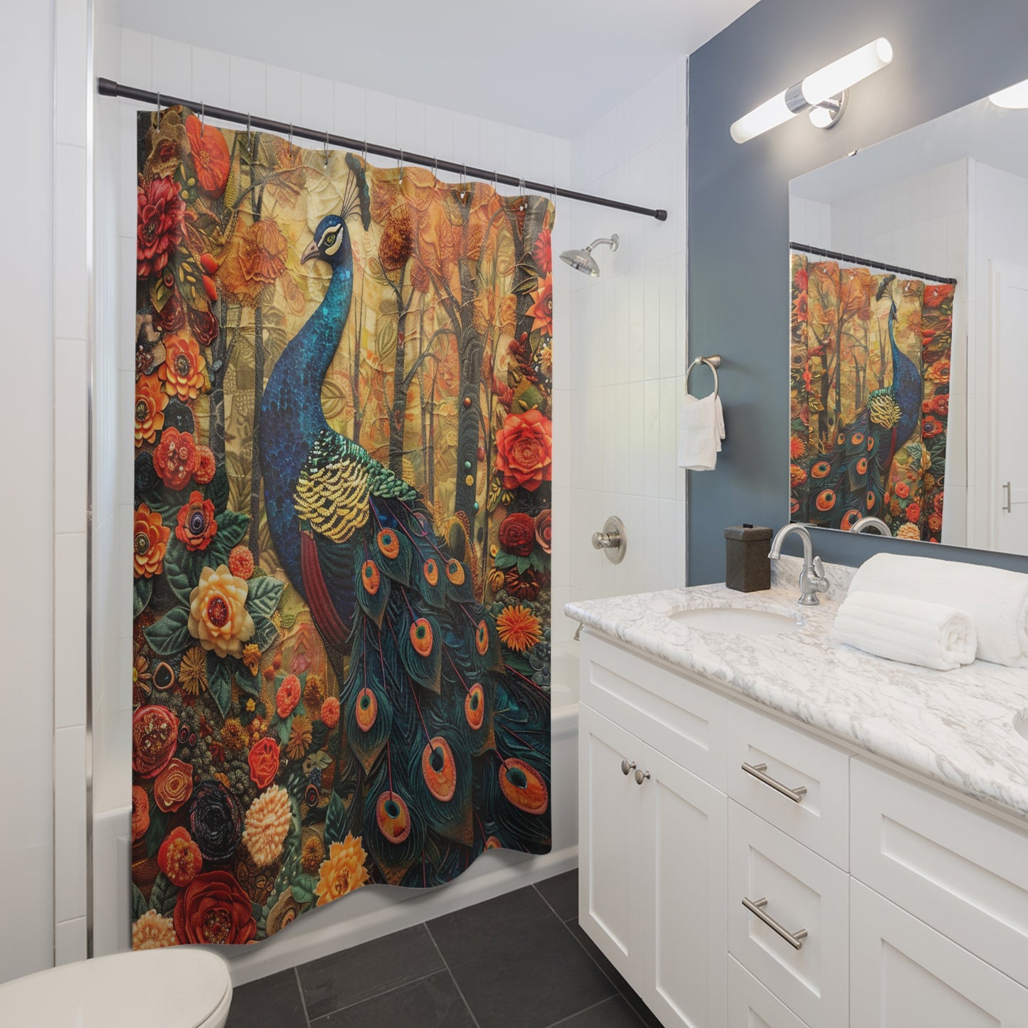 William Morris Inspired Floral Peacock | Art Deco Bathroom Decor | Nature Polyester Shower Curtain