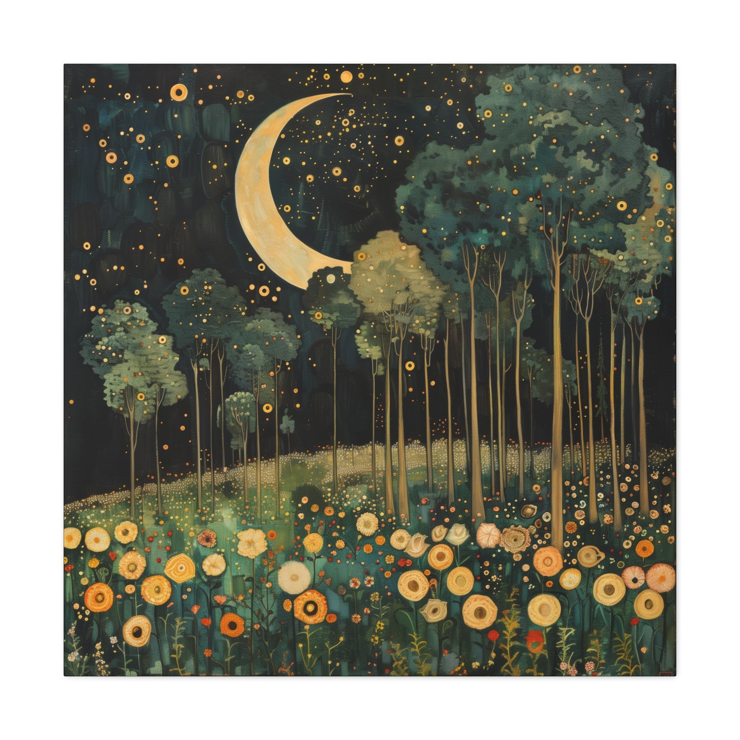 Moonlit Meadow Dreamscape | Matte Canvas Wall Art, Stretched, 1.25" | Starry Night Forest & Flowers Print