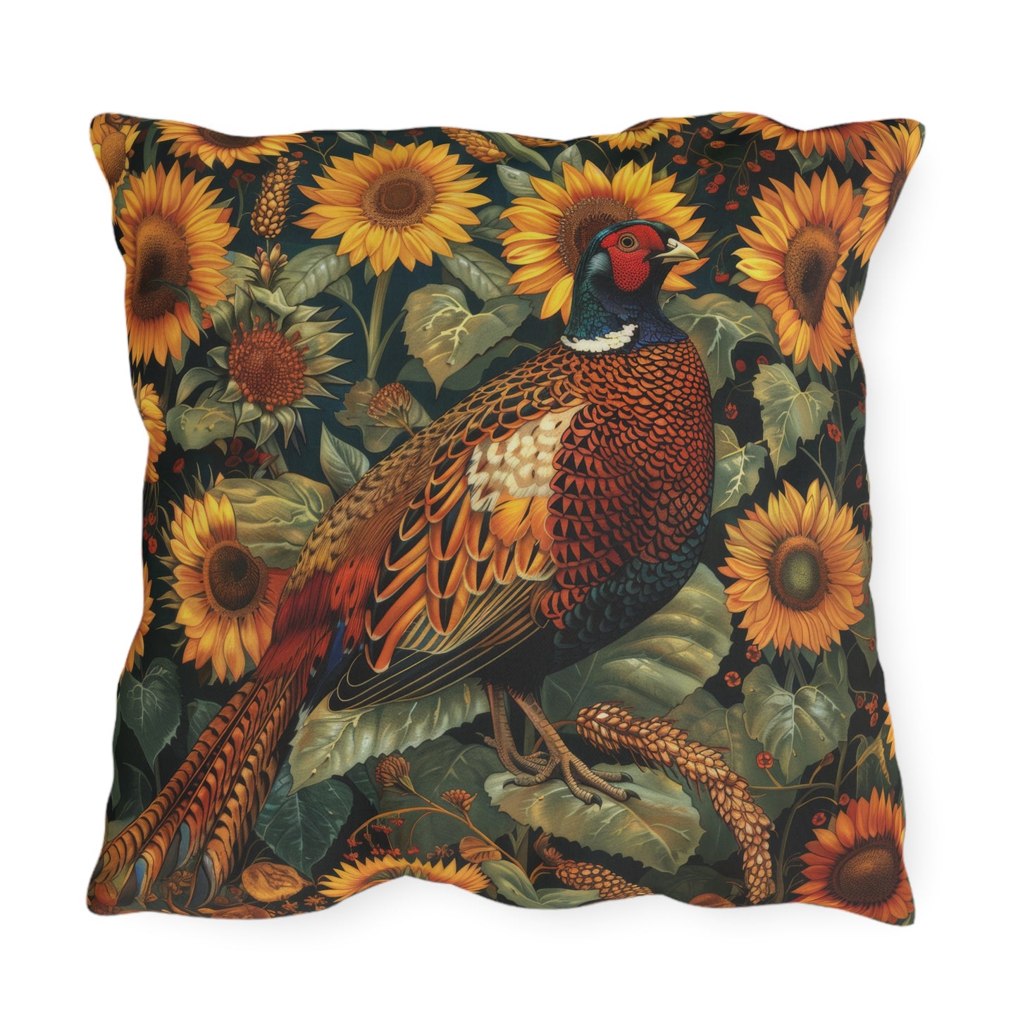 Sunflower Pheasant Outdoor Pillow, Farmhouse Bird Throw Pillow, Rustic Fall Cushion, Woodland Nature Decor, Patio Accent Pillow