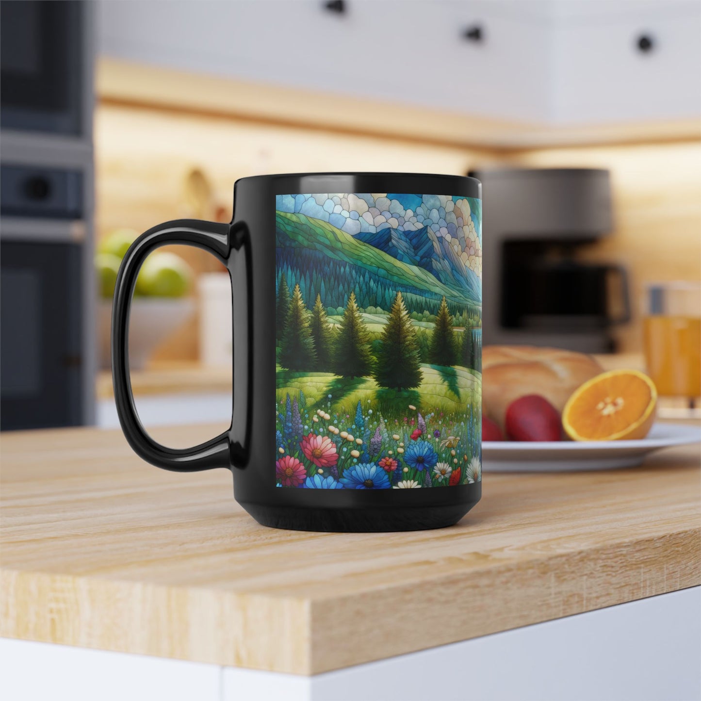 Nature Scene Flower Lake and Mountain Landscape Mug | Faux Stained Glass Black Coffee Mug 11 oz, 15 oz