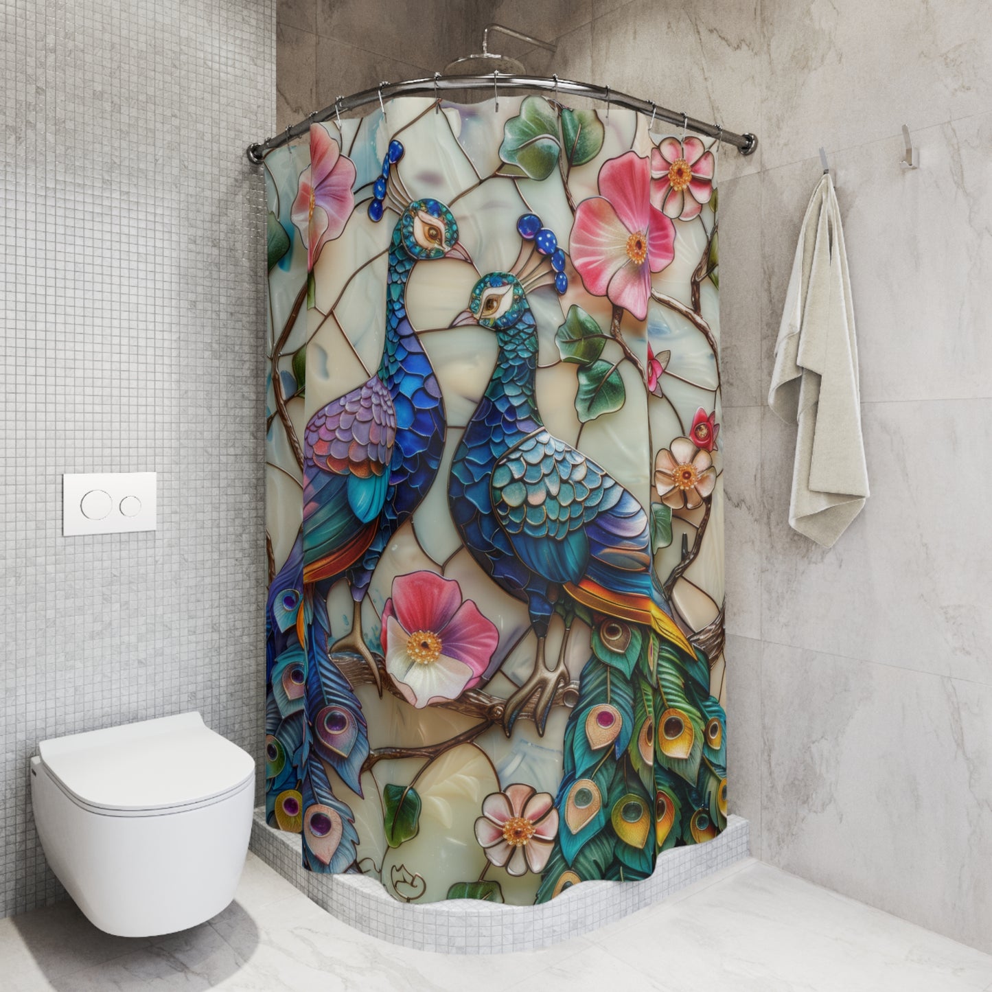 Stained Glass Peacocks Pink Flower Polyester Shower Curtain