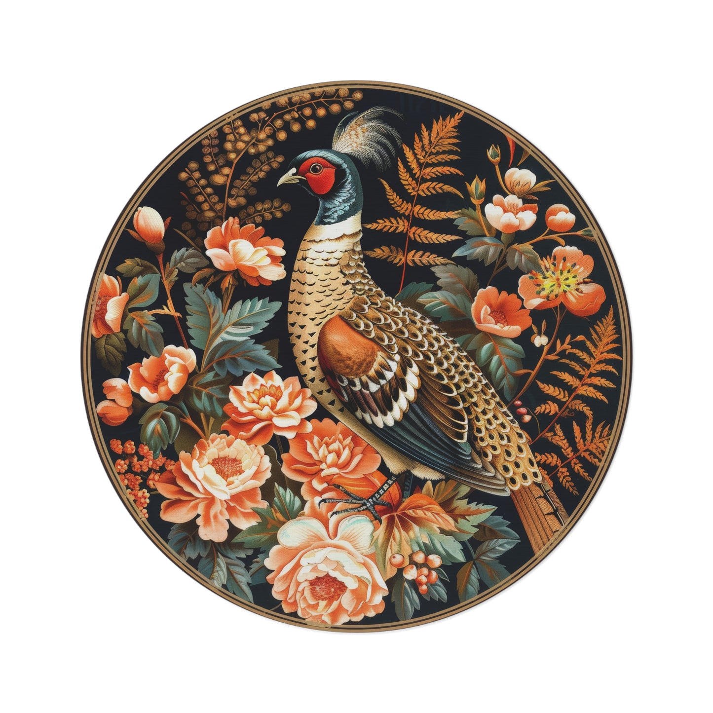 Botanical Wild Pheasant William Morris Inspired Round Area Rug | Elegant Fall-Inspired Living Room Home Decor Rug