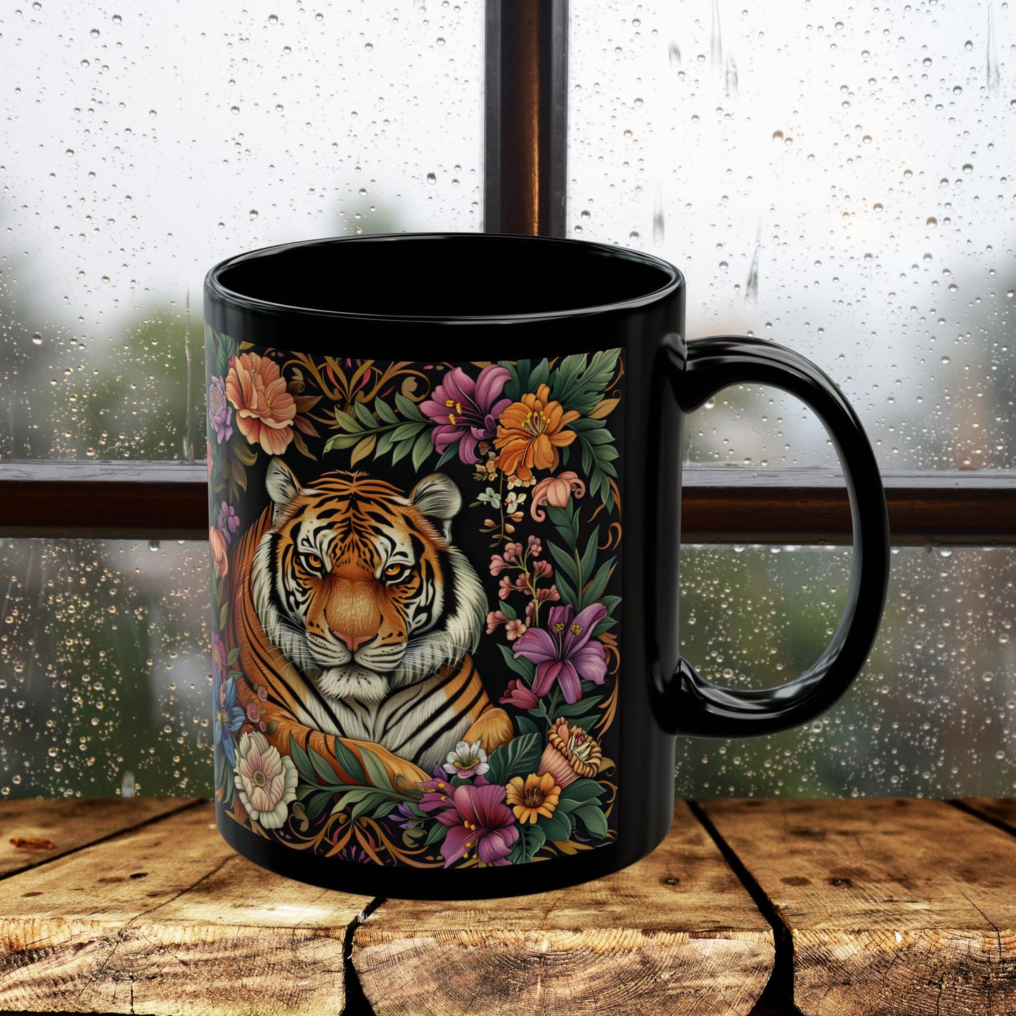 Tropical Tiger William Morris Inspired Black Coffee Mug For Her Him Ceramic Mug Black Mug  11oz, 15oz