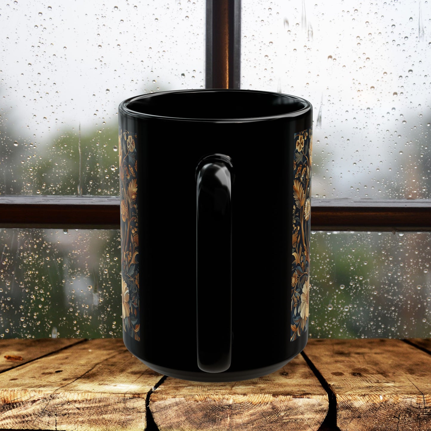 William Morris Inspired Botanical Barn Owl Black Coffee Mug | Mystical Owl Black Mug 11oz, 15 oz