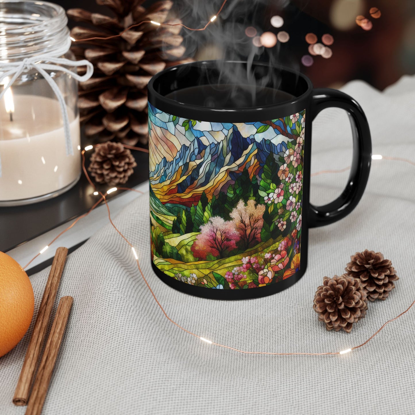 Faux Stained Glass Spring Mountain Coffee Mug | Nature Inspired | Outdoor Design | Gift for Nature Lover Coffee Mug 11oz, 15 oz