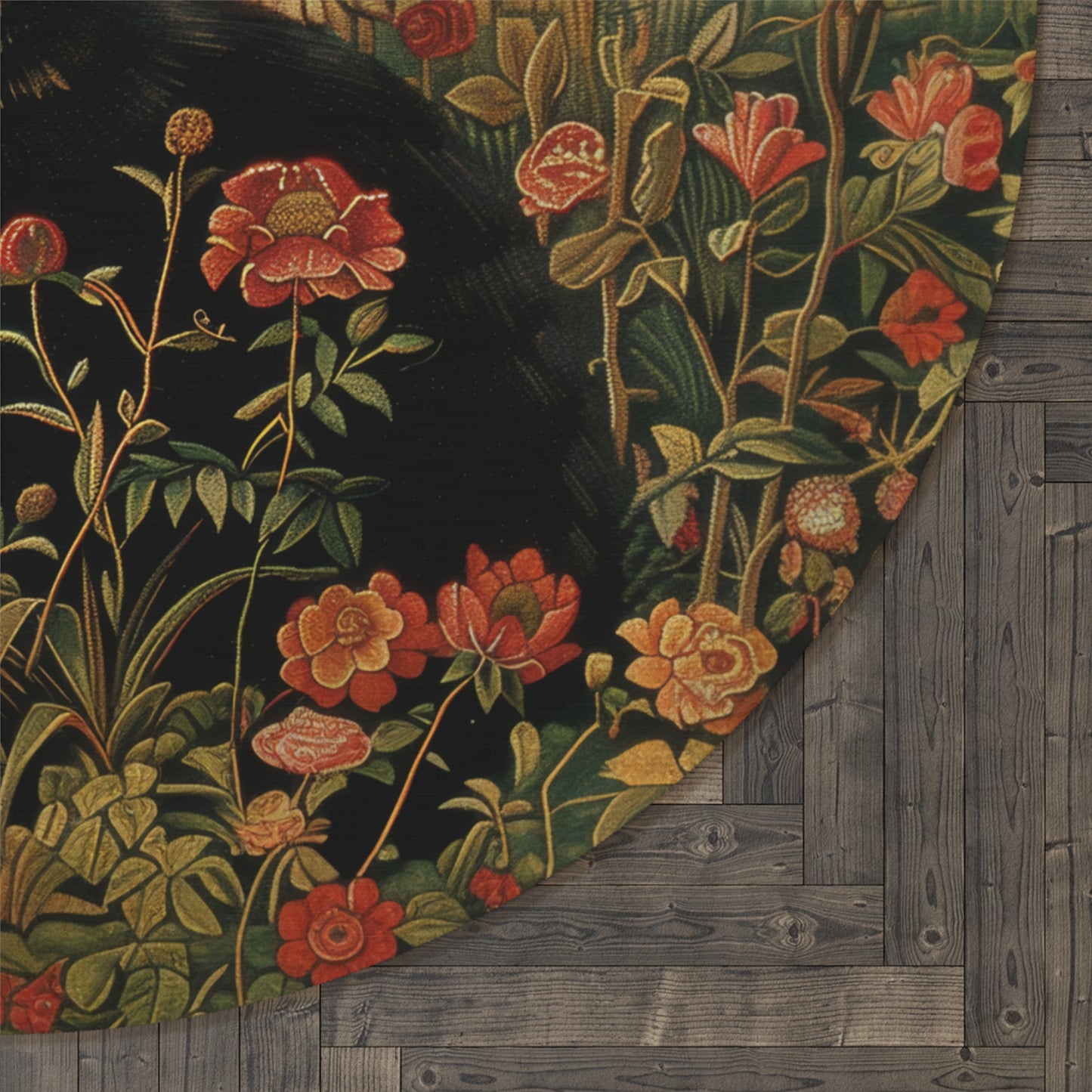 William Morris Inspired Black Cat Art Nouveau Round Area Rug, Cozy Home Decor Carpet