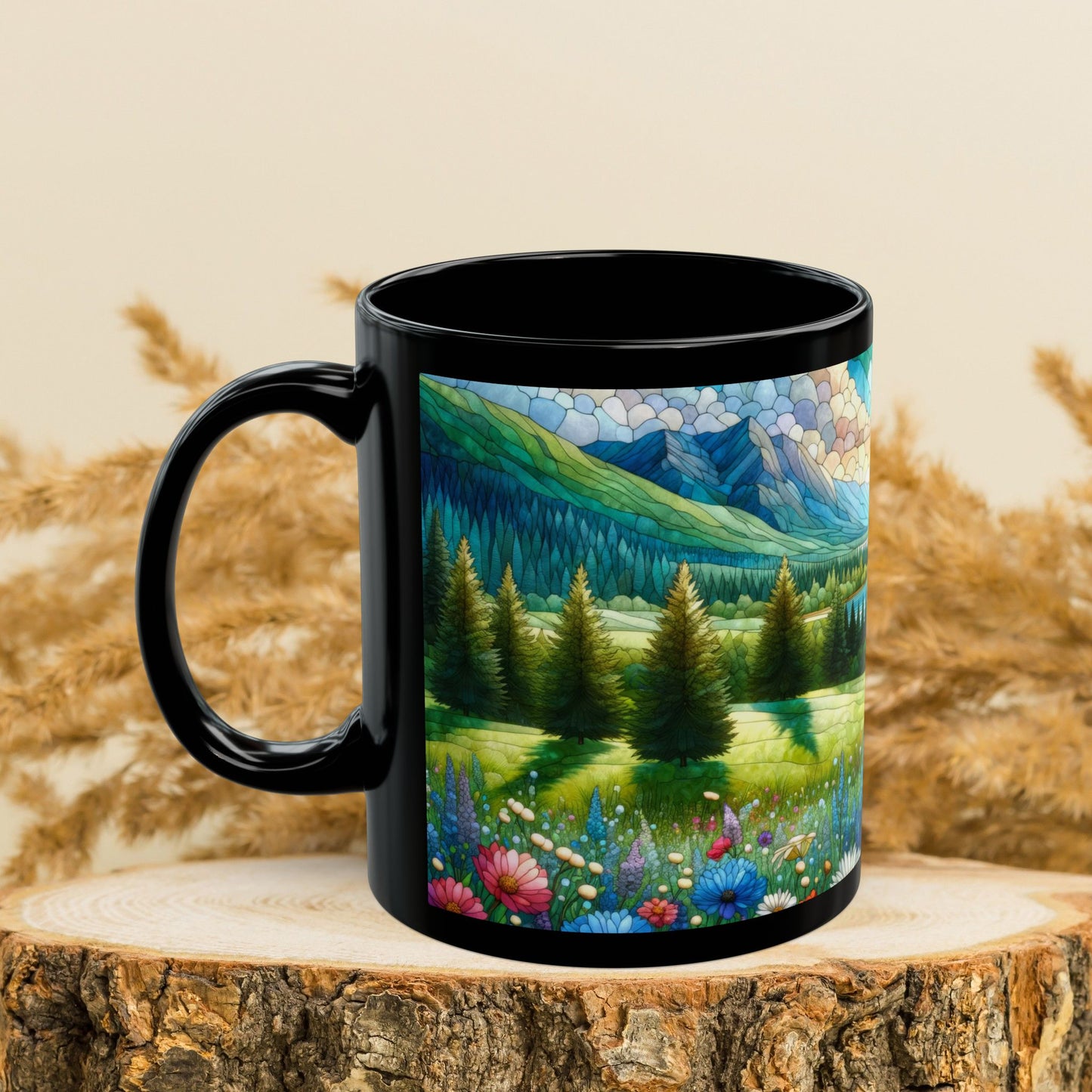 Nature Scene Flower Lake and Mountain Landscape Mug | Faux Stained Glass Black Coffee Mug 11 oz, 15 oz