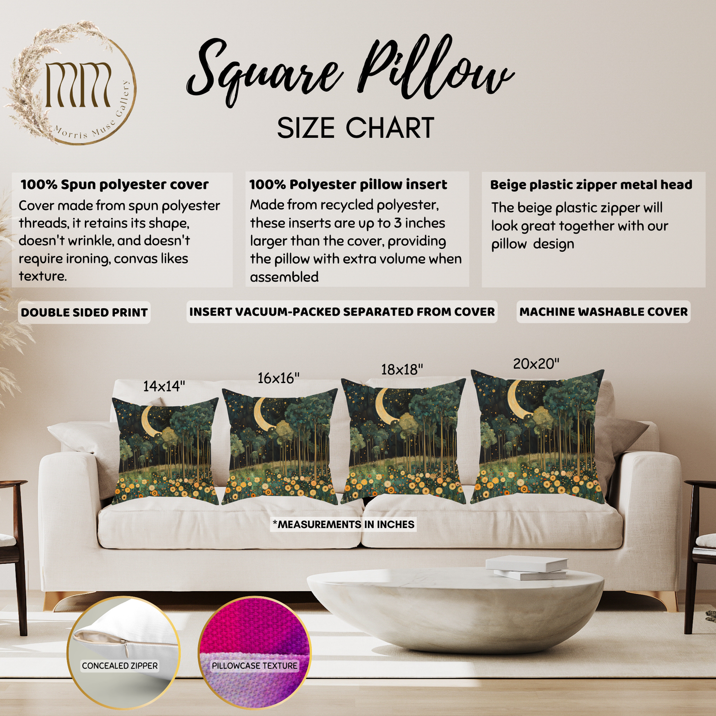 Moonlit Forest Decorative Pillow, Gustav Klimt Inspired Night Sky Botanical Cushion