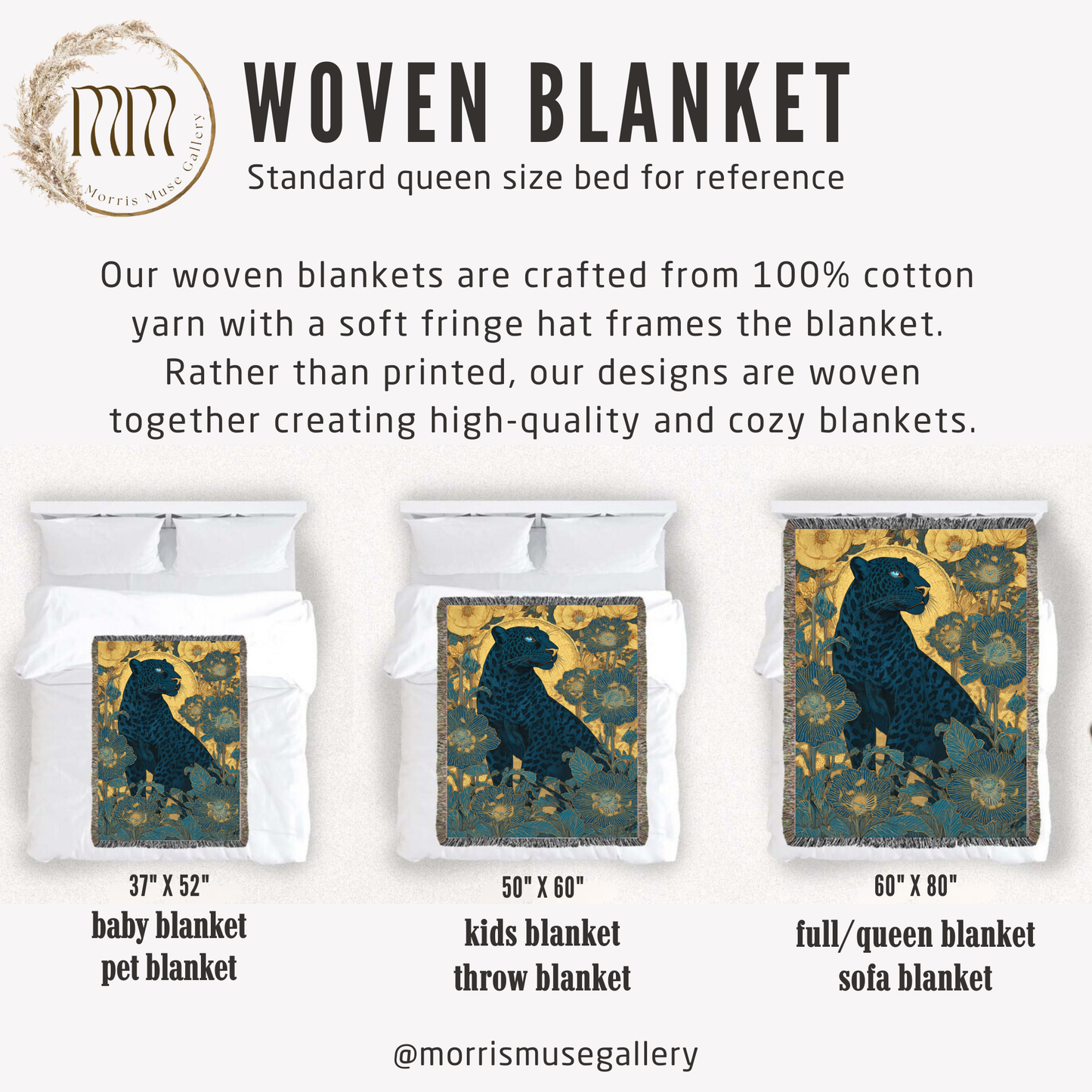 Midnight Bloom Panther Woven Blanket, Art Nouveau Floral Jungle Throw