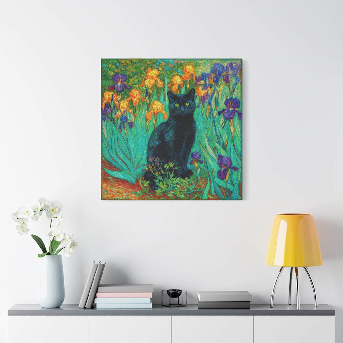 Black Cat Among Irises, Vibrant Floral Canvas Wall Art, Matte Stretched Canvas 1.25"