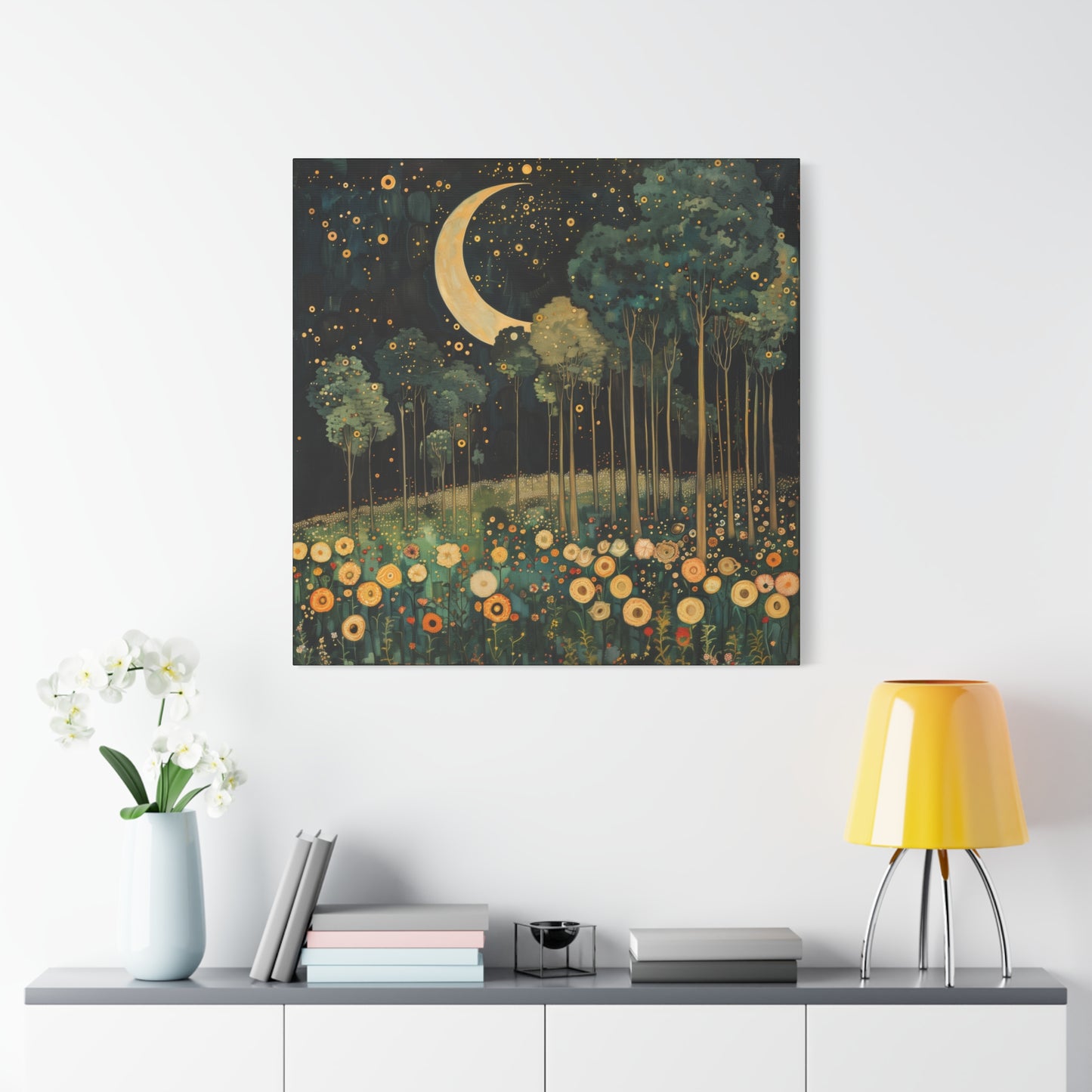 Moonlit Meadow Dreamscape | Matte Canvas Wall Art, Stretched, 1.25" | Starry Night Forest & Flowers Print