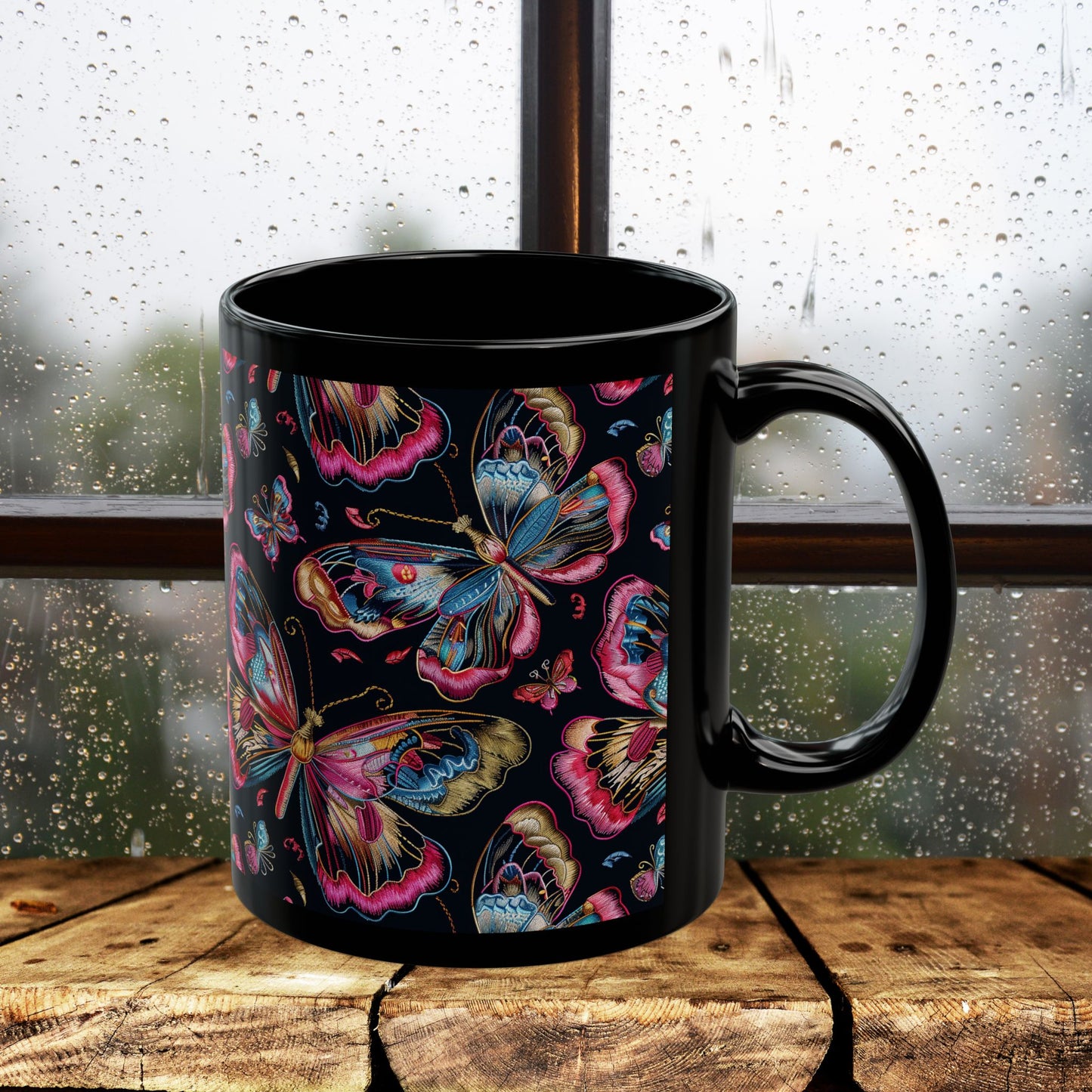 Pink Blue Butterfly Pattern Black Coffee Mug | Gift for Bird Lover Coffee Mug 11oz, 15oz