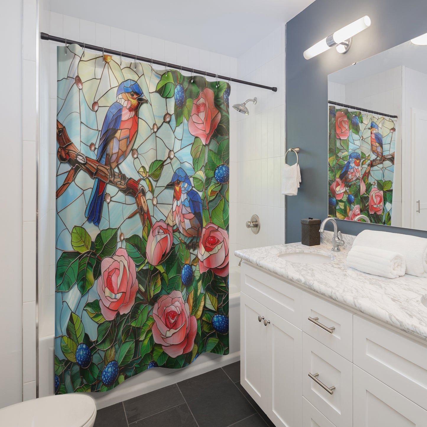 Faux Stained Glass Blue Birds Roses Field Polyester Shower Curtain