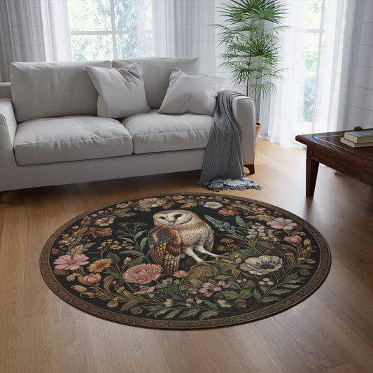 Forest Barn Owl Round AreaRug | William Morris Inspired Cottagecore Decor, Housewarming Gift, Moody Woodland Round Carpet