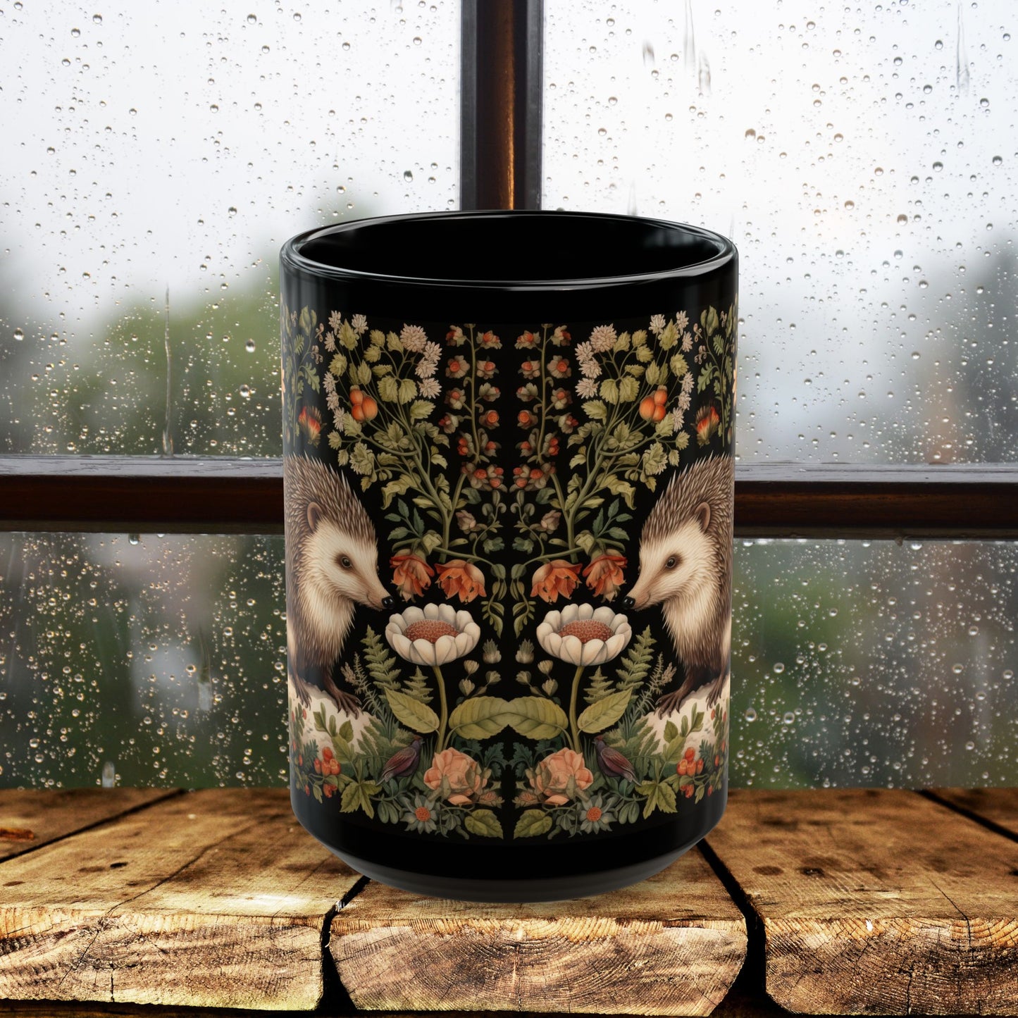William Morris Inspired Botanical Hedgehog Black Coffee Mug For Her Him Ceramic Mug Black Mug 11oz, 15oz