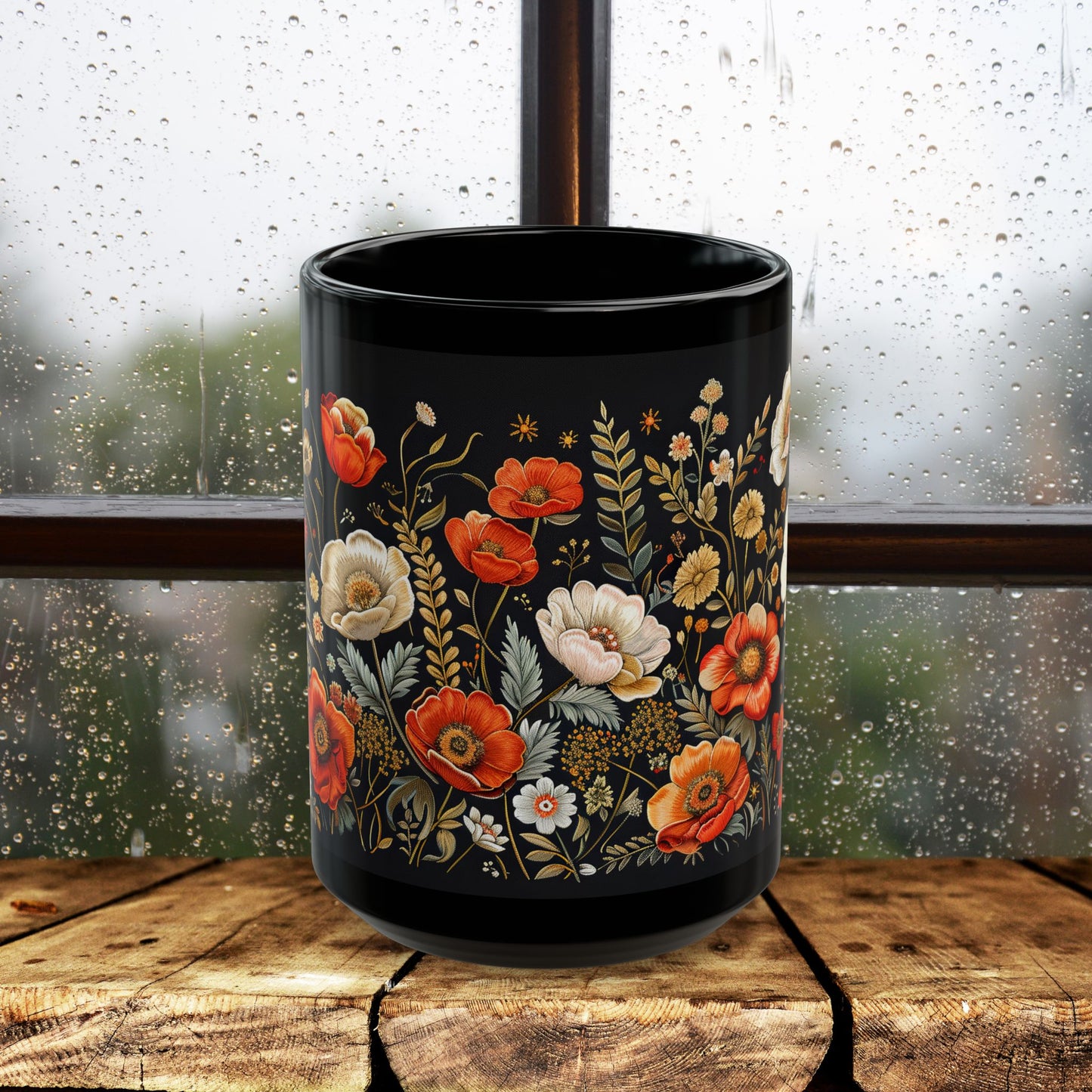 Wildflowers Pattern Embroidery Mug Black Mug 11oz, 15 oz