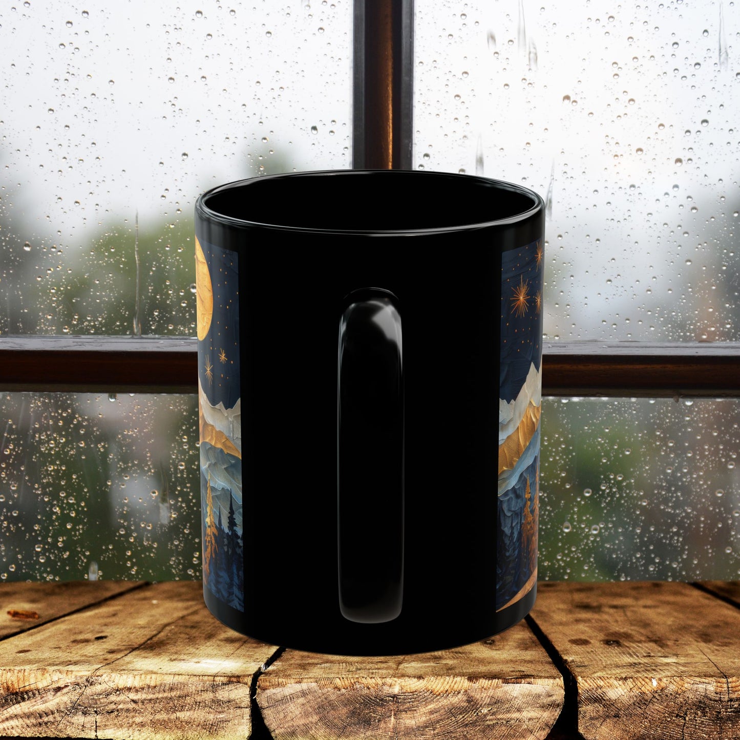 Mountain & Pine Trees Black Coffee Mug, Carved Wood Style Landscape, Starry Night Moonlit Forest Cup, Nature Lover Gift (11oz/15oz)