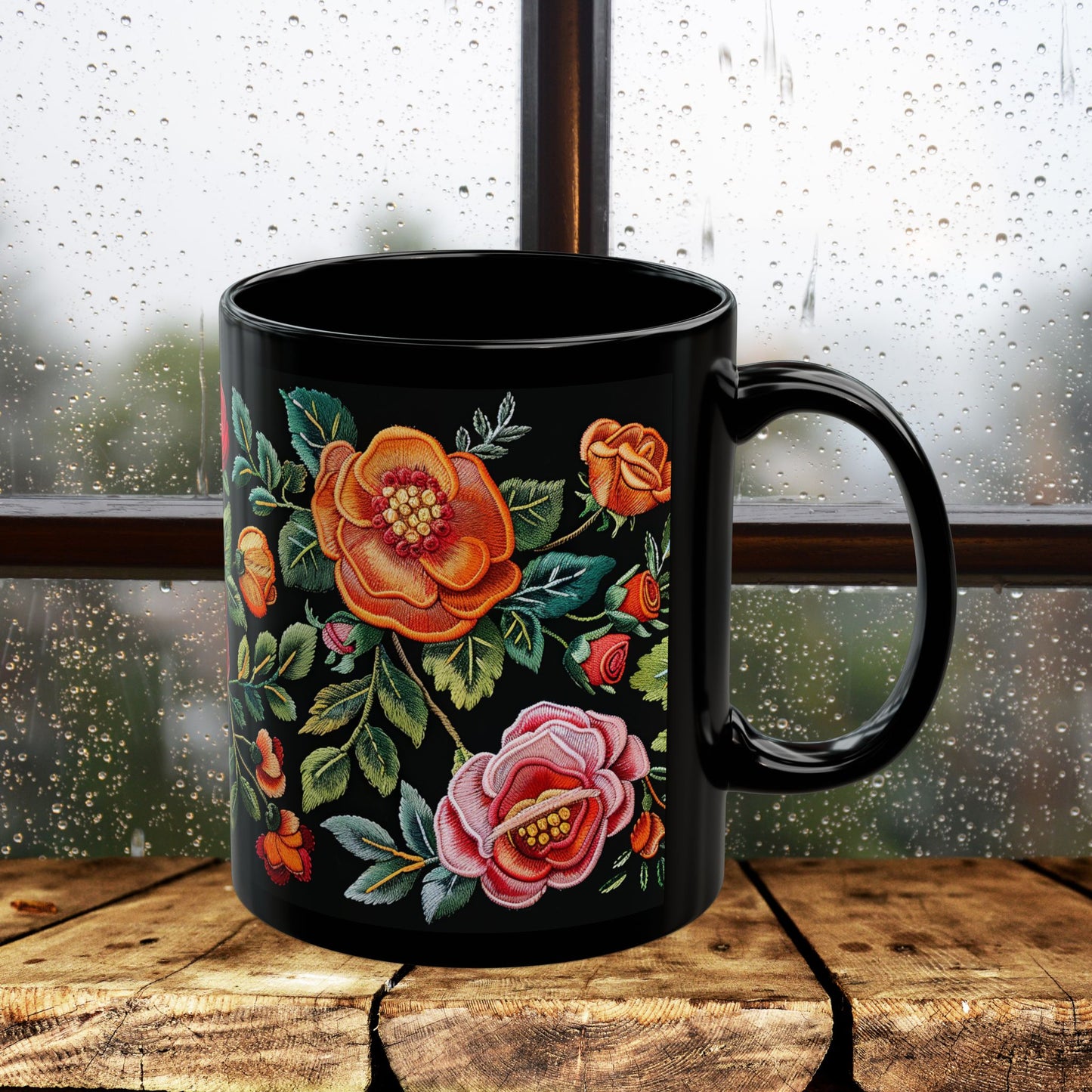 Vintage Roses Pattern Embroidery Black Mug 11oz / 15 oz