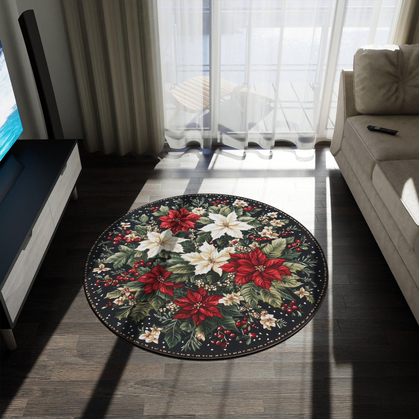 Christmas Flowers Floor Round Area Rug, Holiday Decoration, Festive Home Decor, Xmas Gift, Winter Season Rug, Christmas Gifts Round Rug
