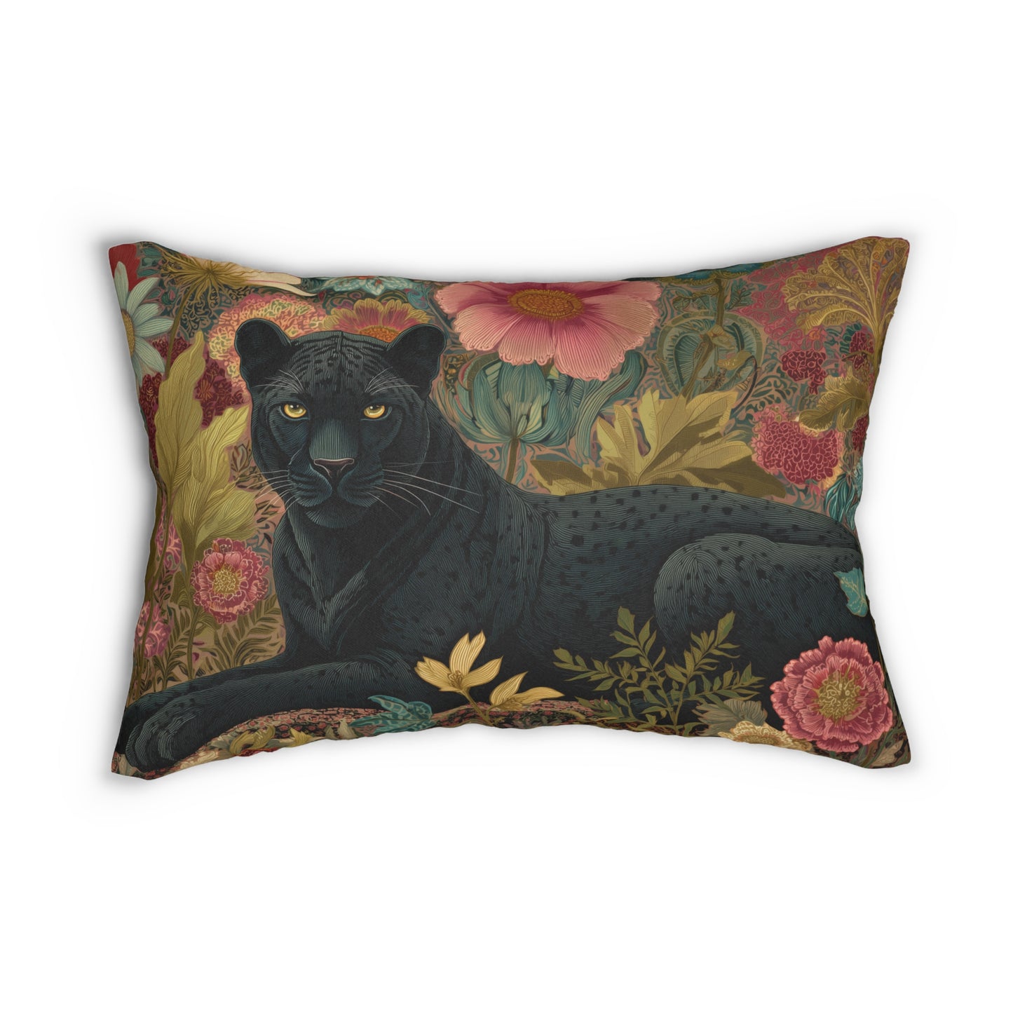 Black Panther Lumbar Pillow, Jungle Floral Cushion, Exotic Wildlife Decorative Accent