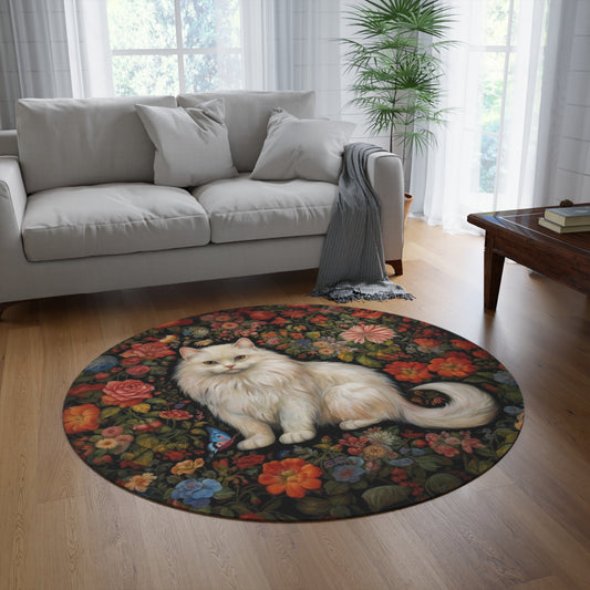 Floral White Persian Cat Round Area Rug, William Morris Inspired Cottagecore Rug Decor, Housewarming Gift, Cat Lover Round Carpet Gift