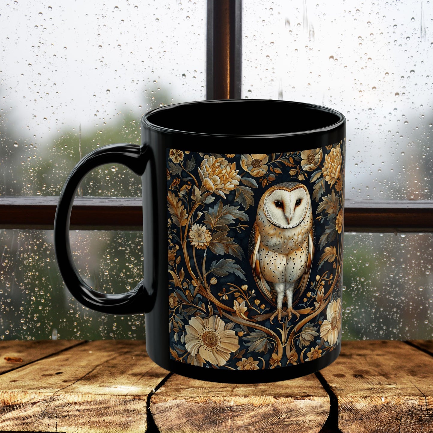 William Morris Inspired Botanical Barn Owl Black Coffee Mug | Mystical Owl Black Mug 11oz, 15 oz