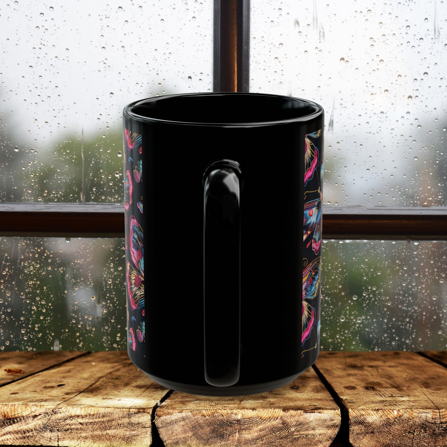 Pink Blue Butterfly Pattern Black Coffee Mug | Gift for Bird Lover Coffee Mug 11oz, 15oz