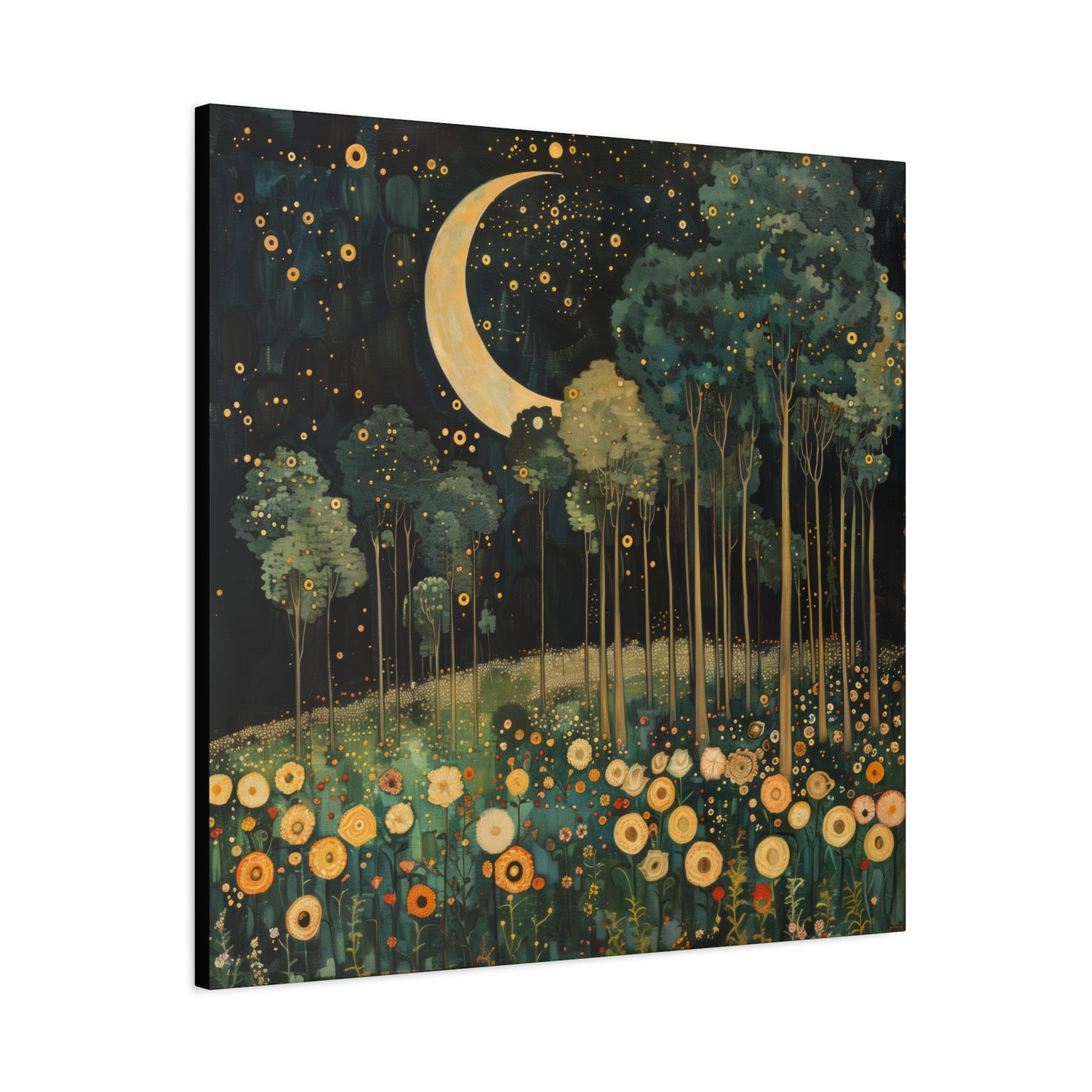 Moonlit Meadow Dreamscape | Matte Canvas Wall Art, Stretched, 1.25" | Starry Night Forest & Flowers Print