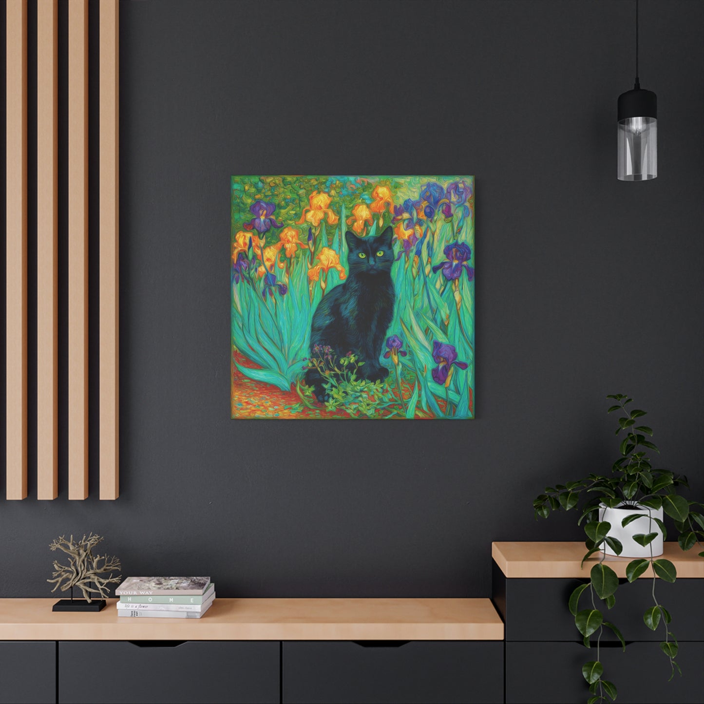 Black Cat Among Irises, Vibrant Floral Canvas Wall Art, Matte Stretched Canvas 1.25"