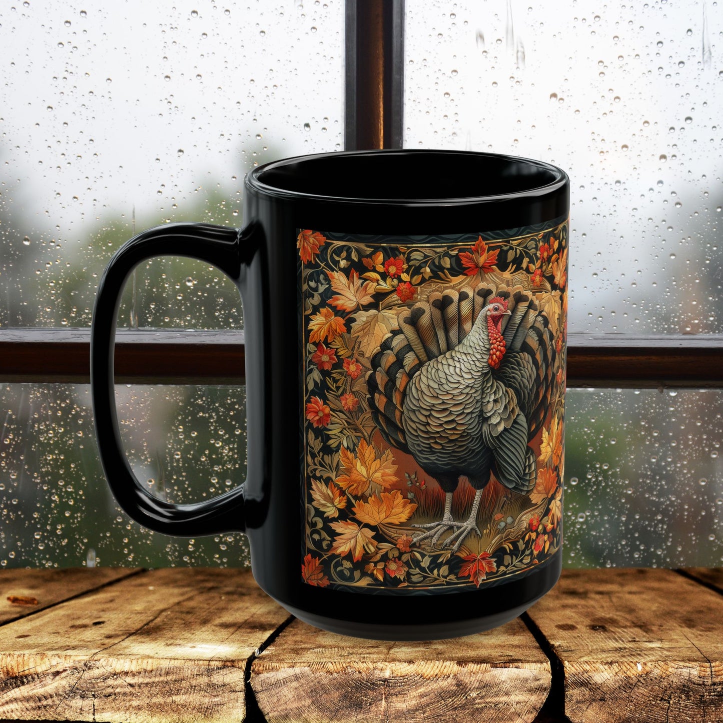 Fall Turkey William Morris Inspired Black Coffee Mug For Her Him Ceramic Mug Black Mug 11oz, 15oz