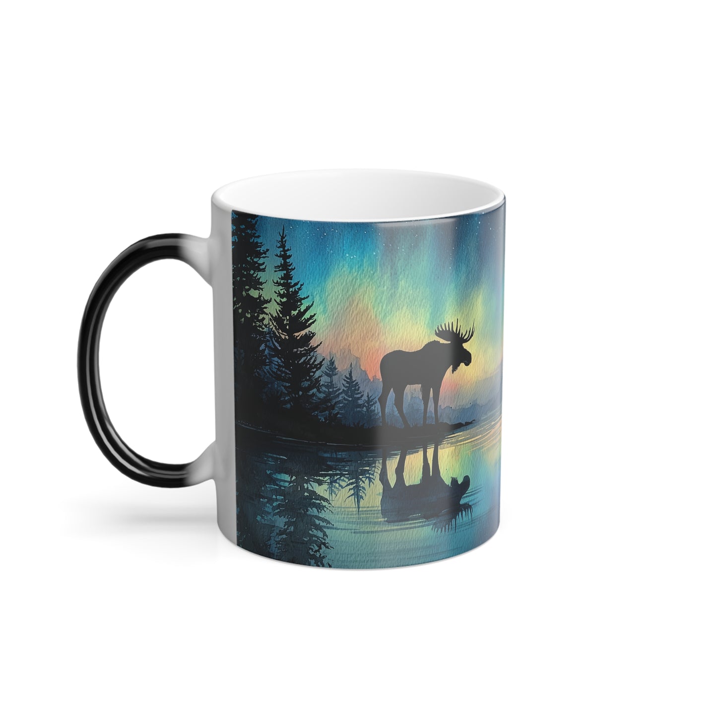 Northern Lights Moose Color-Changing Mug, Watercolor Art Style, Heat Reveal Coffee Cup 11oz
