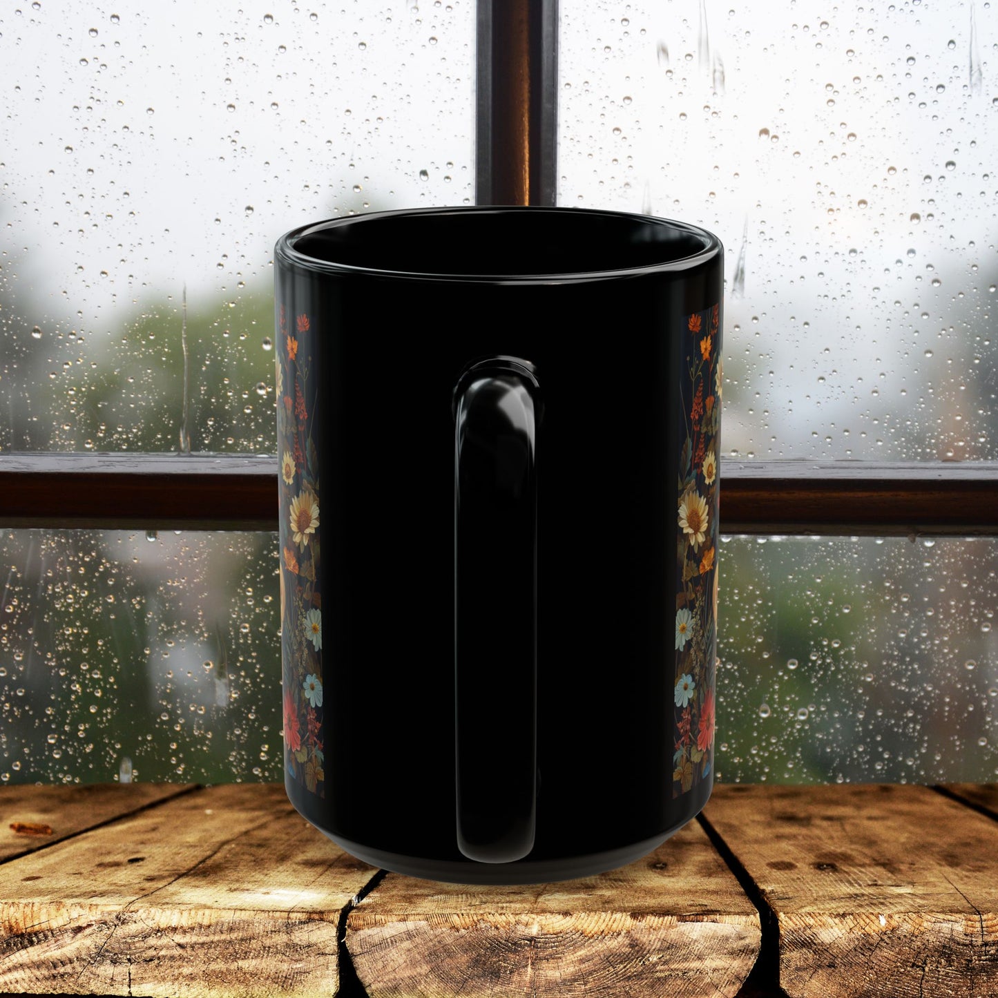William Morris Inspired Barn Owl Wildflowers Black Coffee Mug 11oz | Mystical Owl For Her Him Ceramic Mug Black Mug