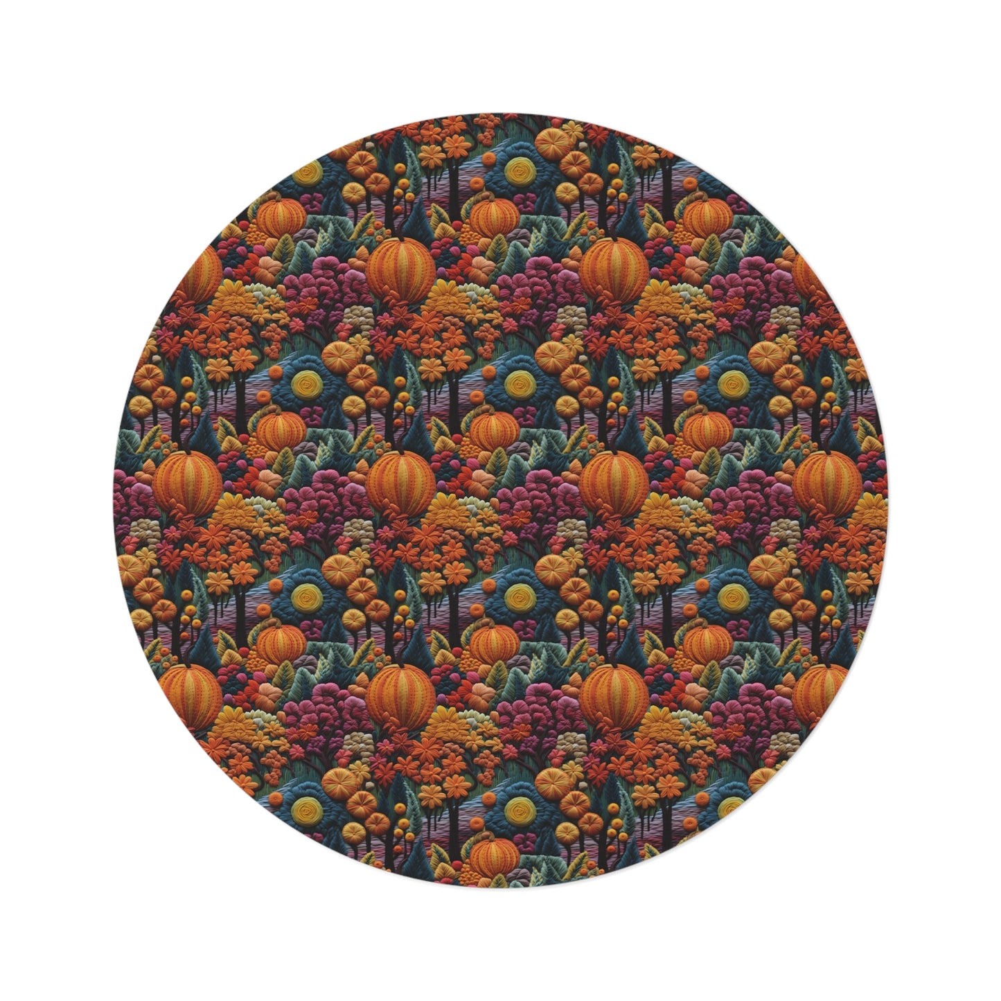 Fall Pumpkin Embroidery Seamless Pattern Round Area Rug