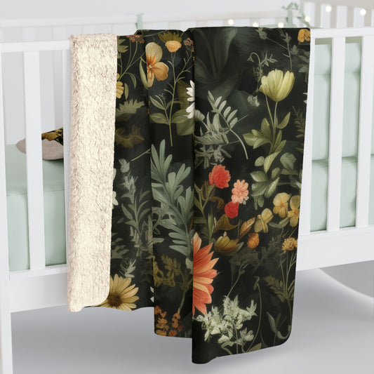 Cottagecore Botanical Fleece Sherpa Blanket Dark Floral Pattern Sherpa Blanket Best Friend Gift Christmas Gift Cottagecore Room Decor