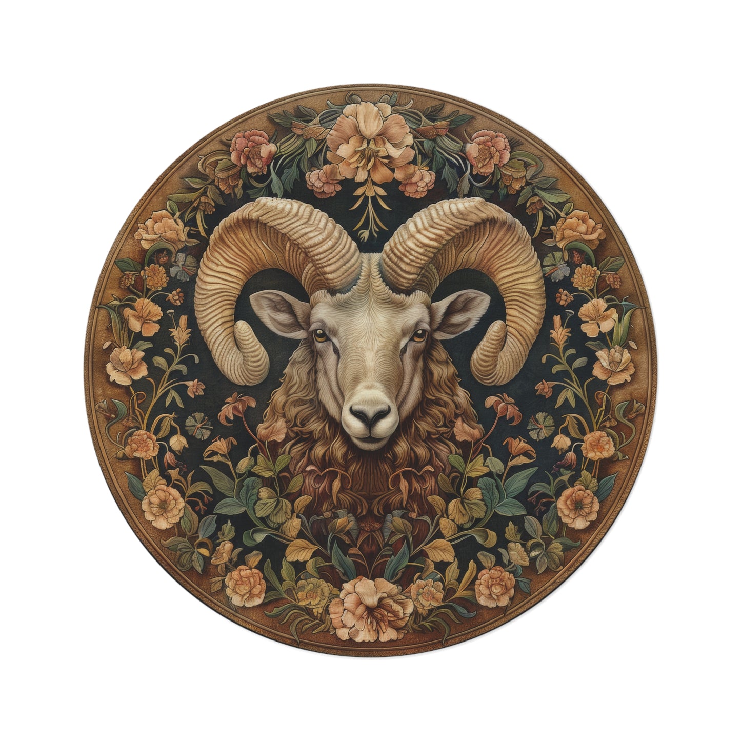 Botanical Ram Round Area Rug | William Morris Inspired Cottagecore Decor, Aries Zodiac Round Carpet