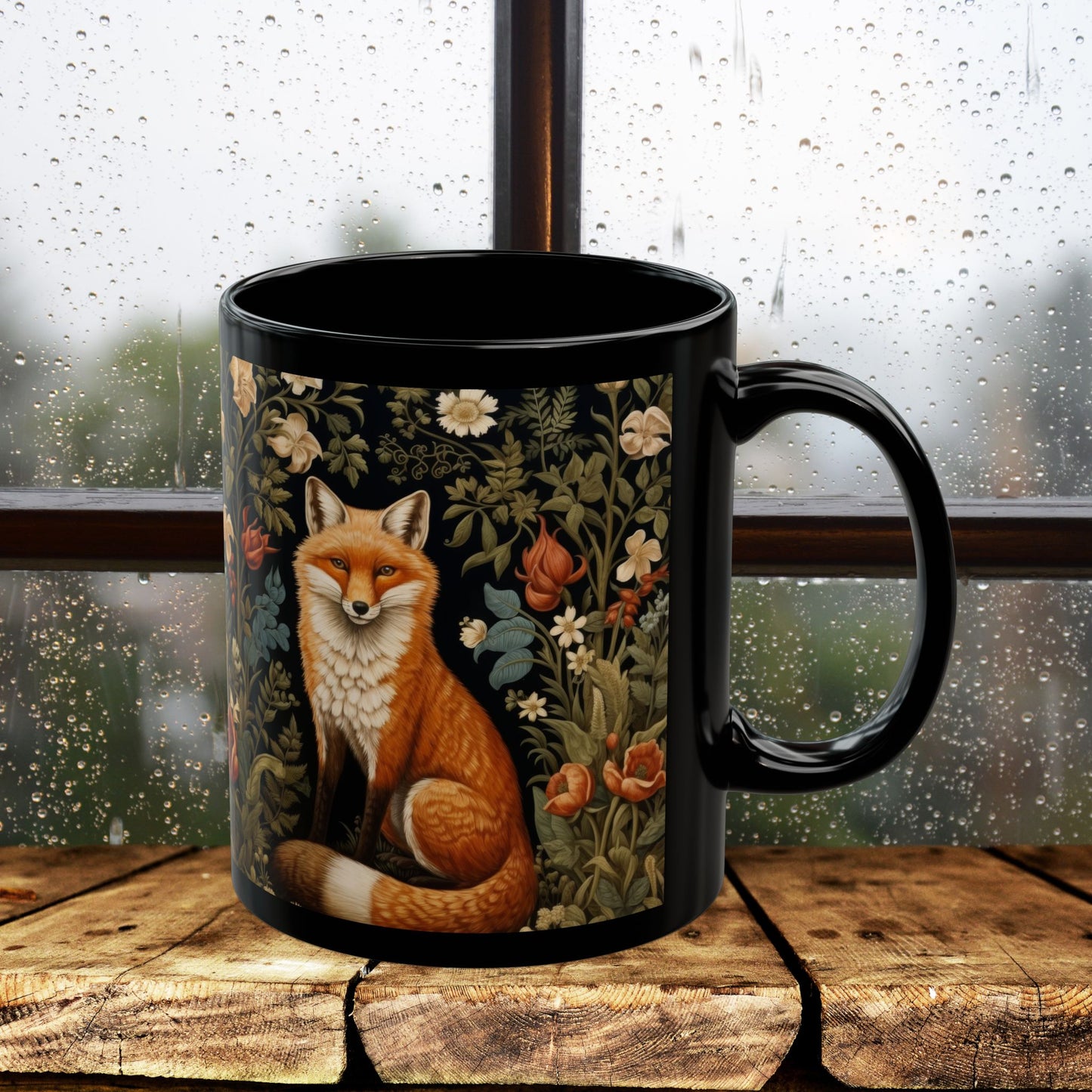 Botanical Floral Fox William Morris Inspired Black Mug (11oz ,15 oz), Gift for Nature Lovers, Coffee Tea Mug, Unique Kitchen Decor,