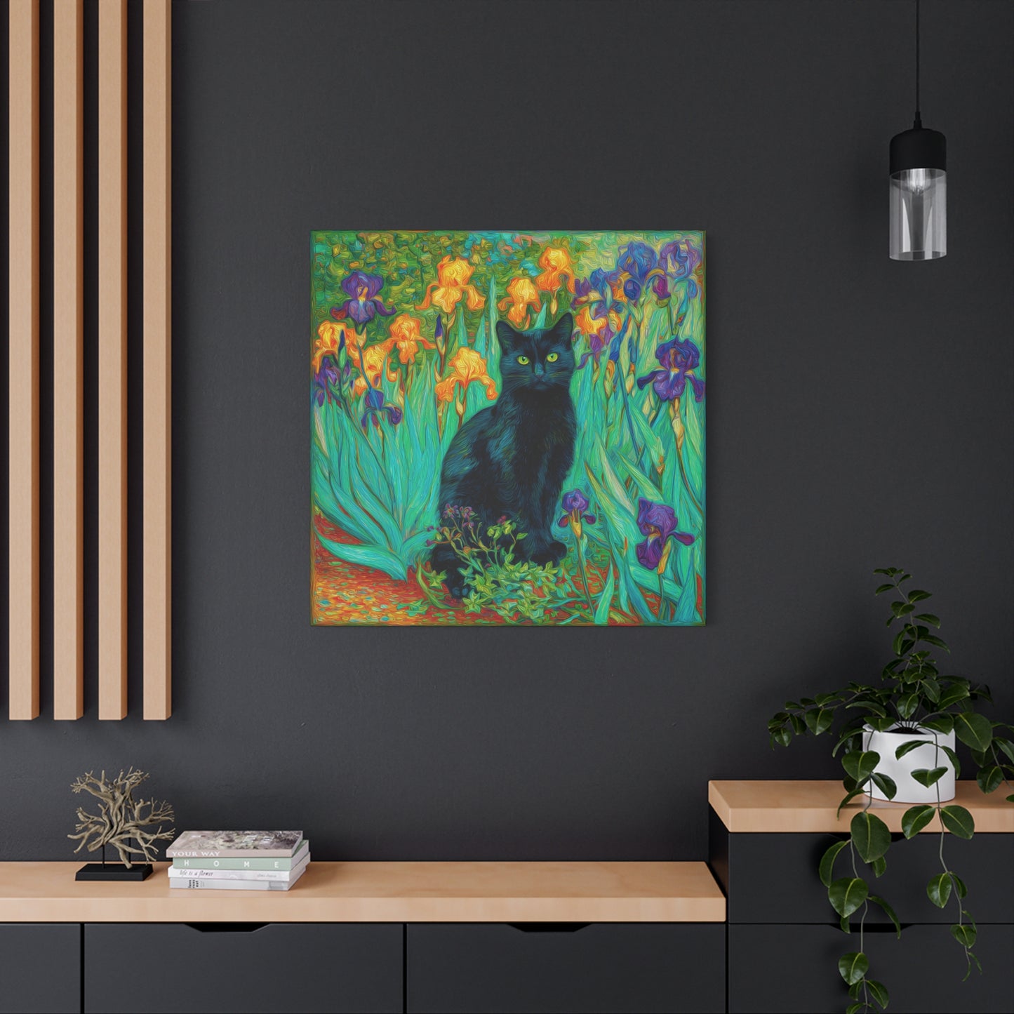Black Cat Among Irises, Vibrant Floral Canvas Wall Art, Matte Stretched Canvas 1.25"