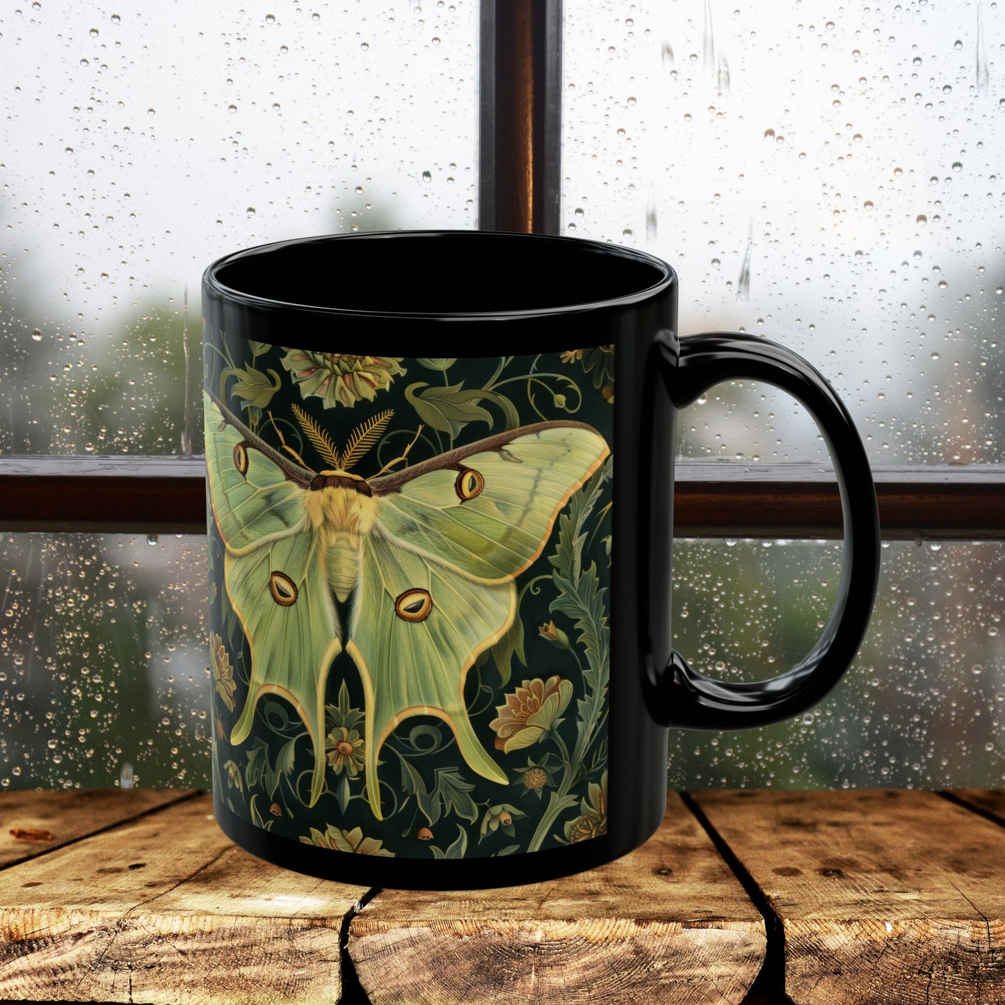 Woodland Luna Moth William Morris Inspired Black Coffee Mug For Her Him Ceramic Mug Black Mug 11oz, 15oz