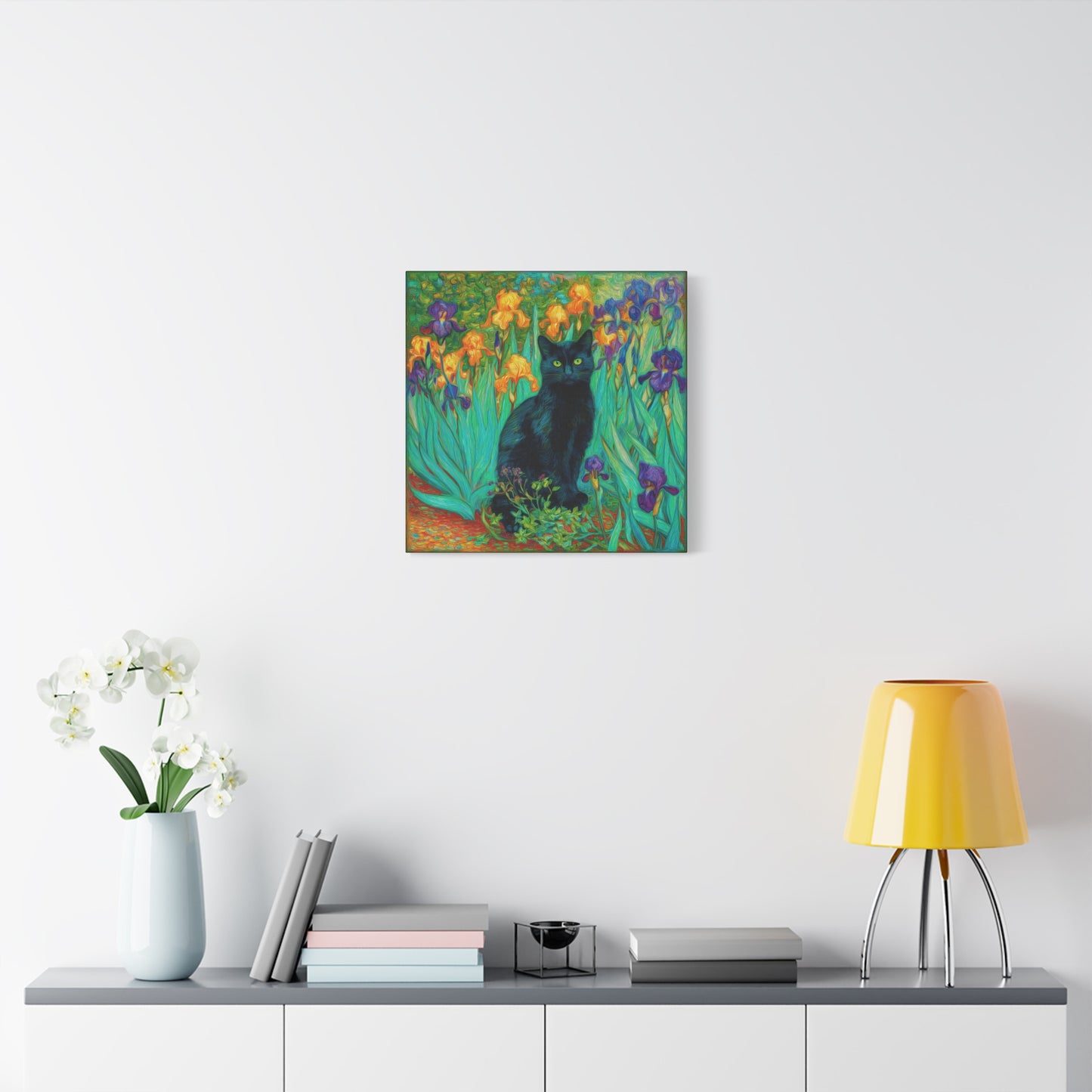 Black Cat Among Irises, Vibrant Floral Canvas Wall Art, Matte Stretched Canvas 1.25"