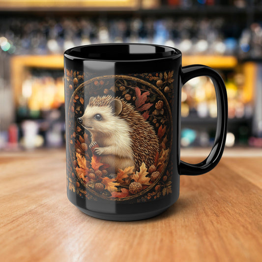 William Morris Inspired Hedgehog Acorns, Fall Vibes Black Coffee Mug For Her Him, Gift for Nature Lover,