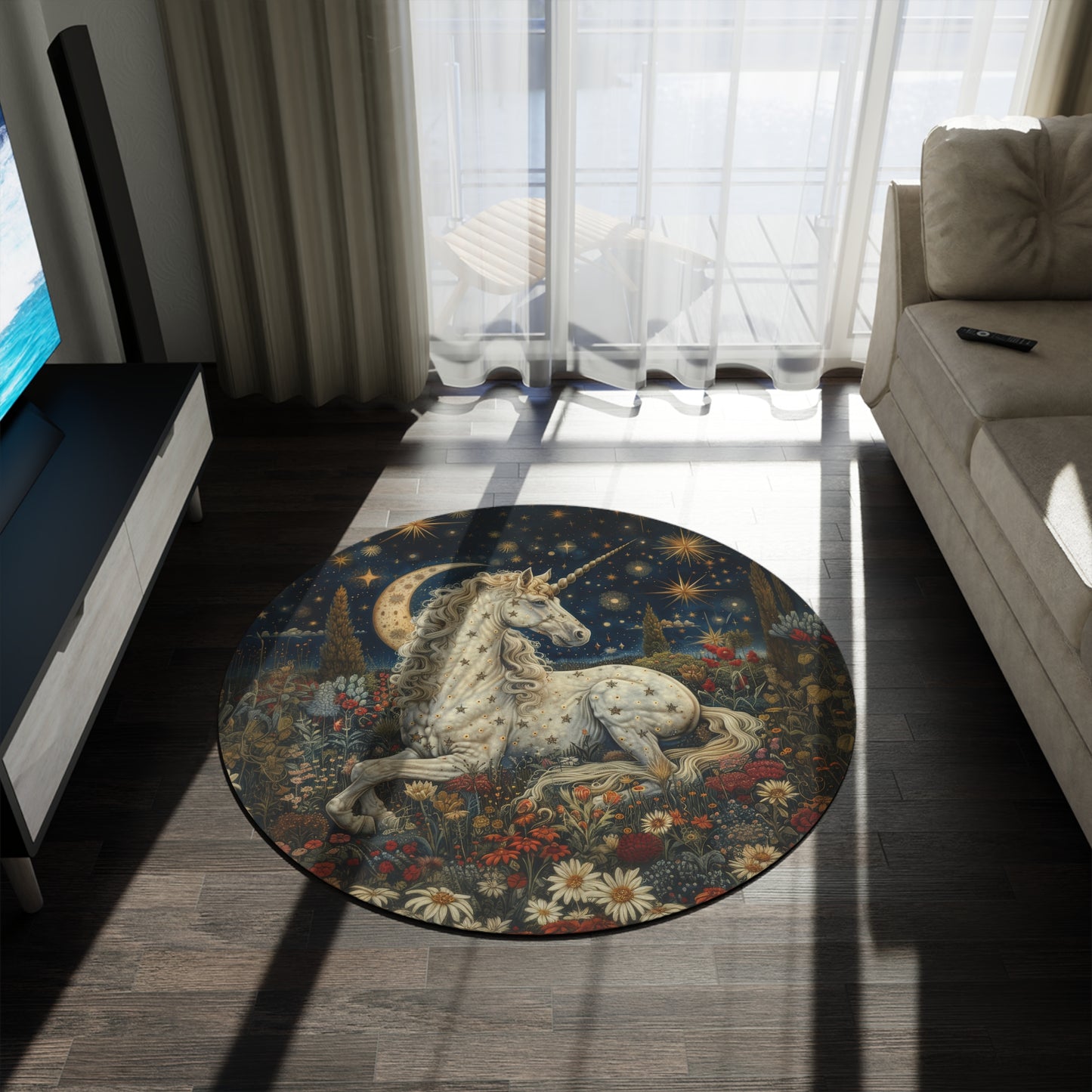 Unicorn Crescent Moon Round Rug, Whimsical Night Area Rug, White Unicorn Rug, Nursery Decor, Playroom Rug, Bedroom Rug