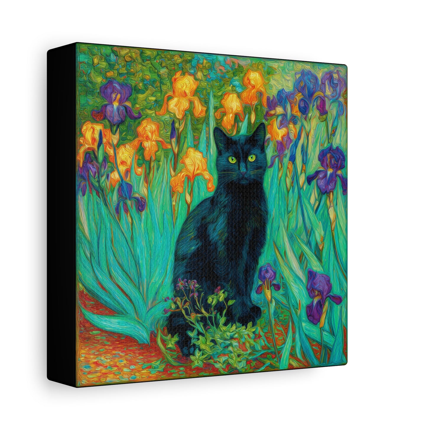 Black Cat Among Irises, Vibrant Floral Canvas Wall Art, Matte Stretched Canvas 1.25"