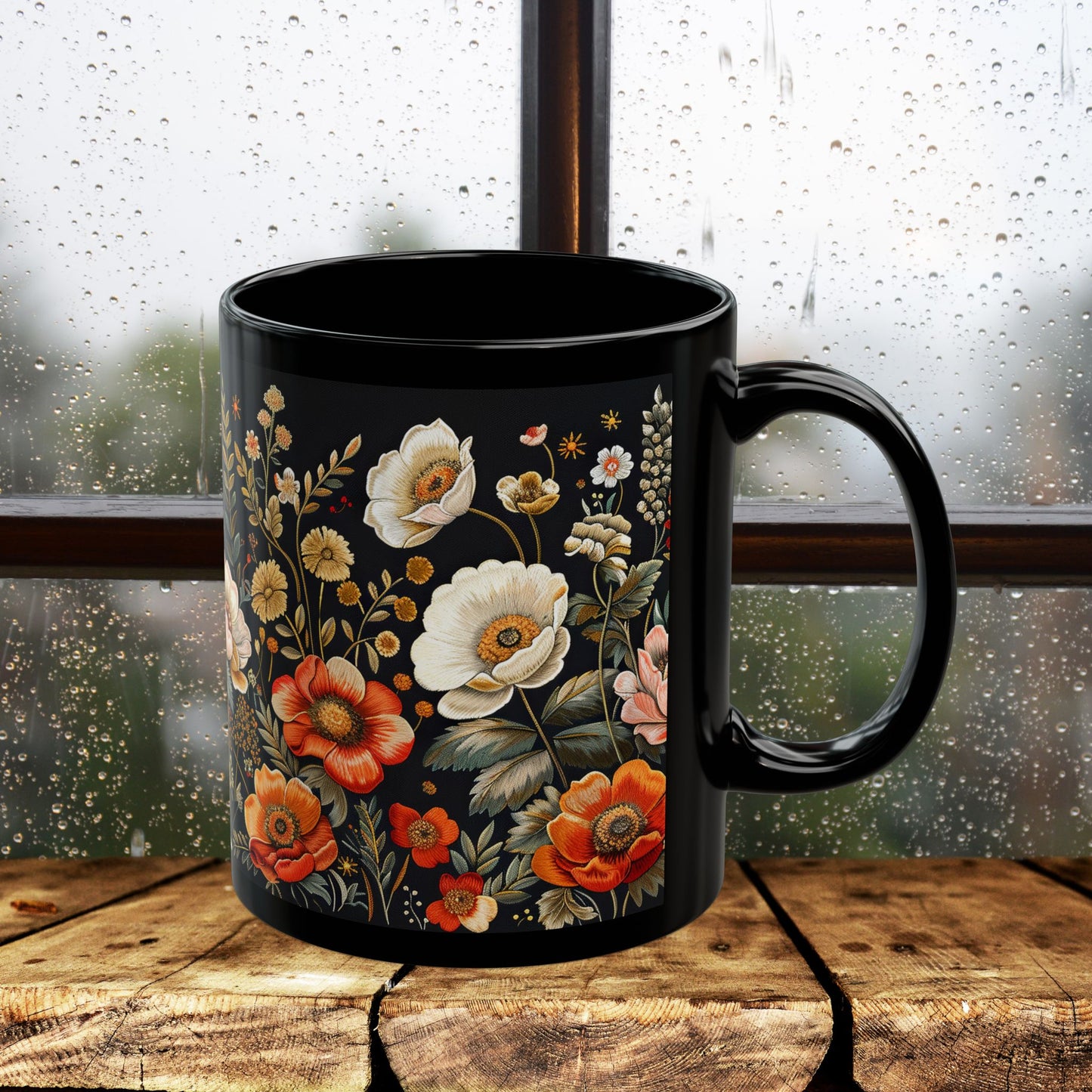 Wildflowers Pattern Embroidery Mug Black Mug 11oz, 15 oz