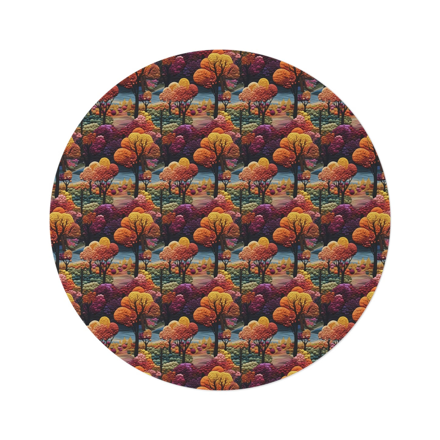 Fall Autumn Embroidery Seamless Pattern Round Area Rug, Housewarming Gift
