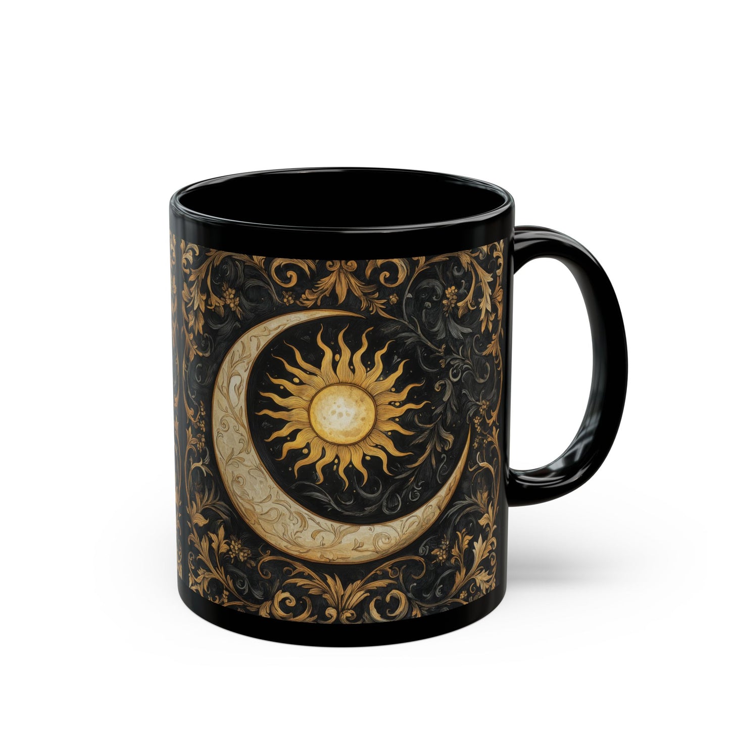 Gold Ornate William Morris Inspired Black Mug (11oz, 15oz) - Celestial Sun and Moon Coffee Cup, Gothic Kitchen Decor, Bohemian Drinkware,