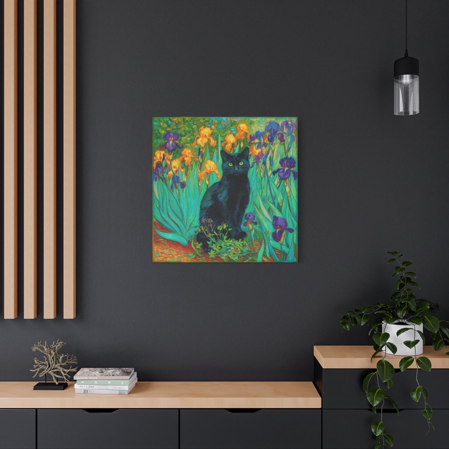 Black Cat Among Irises, Vibrant Floral Canvas Wall Art, Matte Stretched Canvas 1.25"