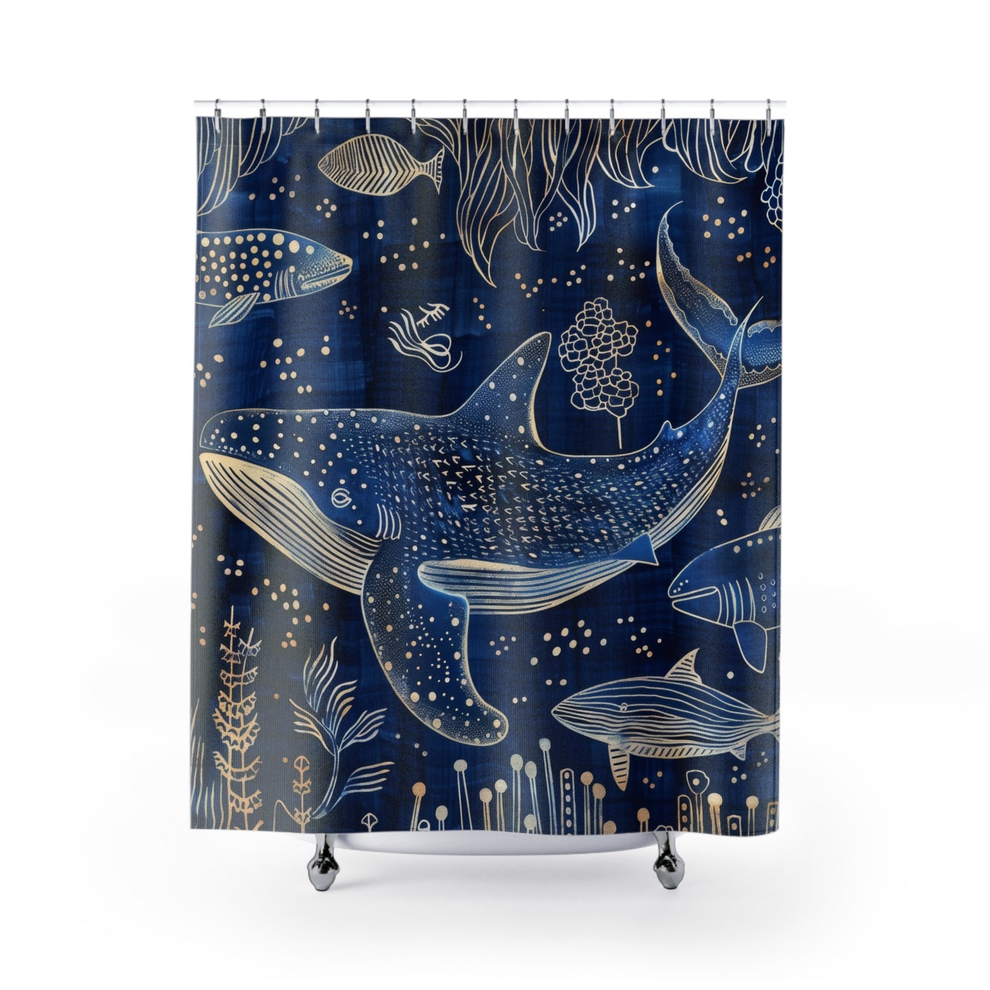 Indigo Ink Whale Shark Pattern Polyester Shower Curtain